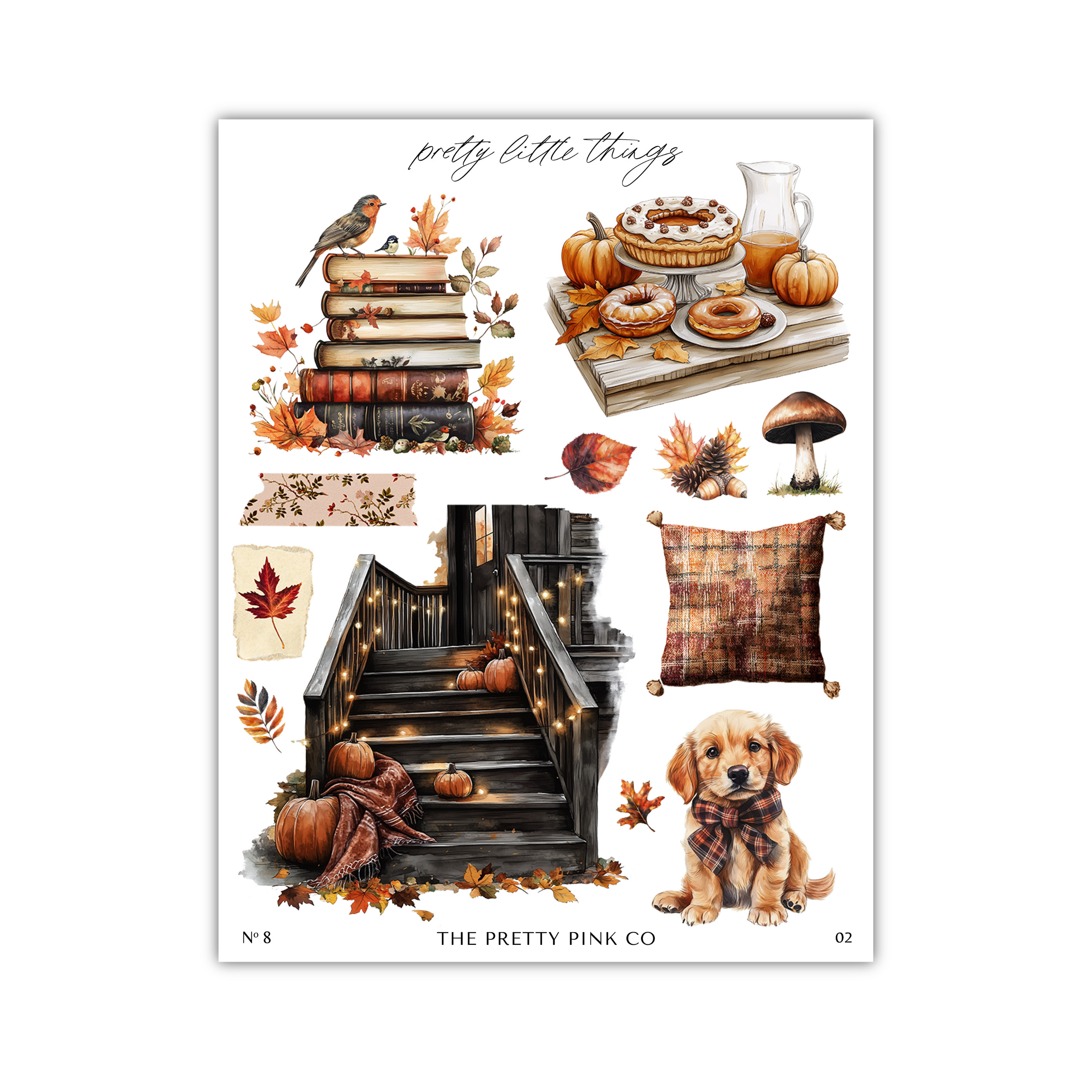 The image is a collage of various autumn-themed elements, including books, pumpkins, a dog, a staircase, and a bird.