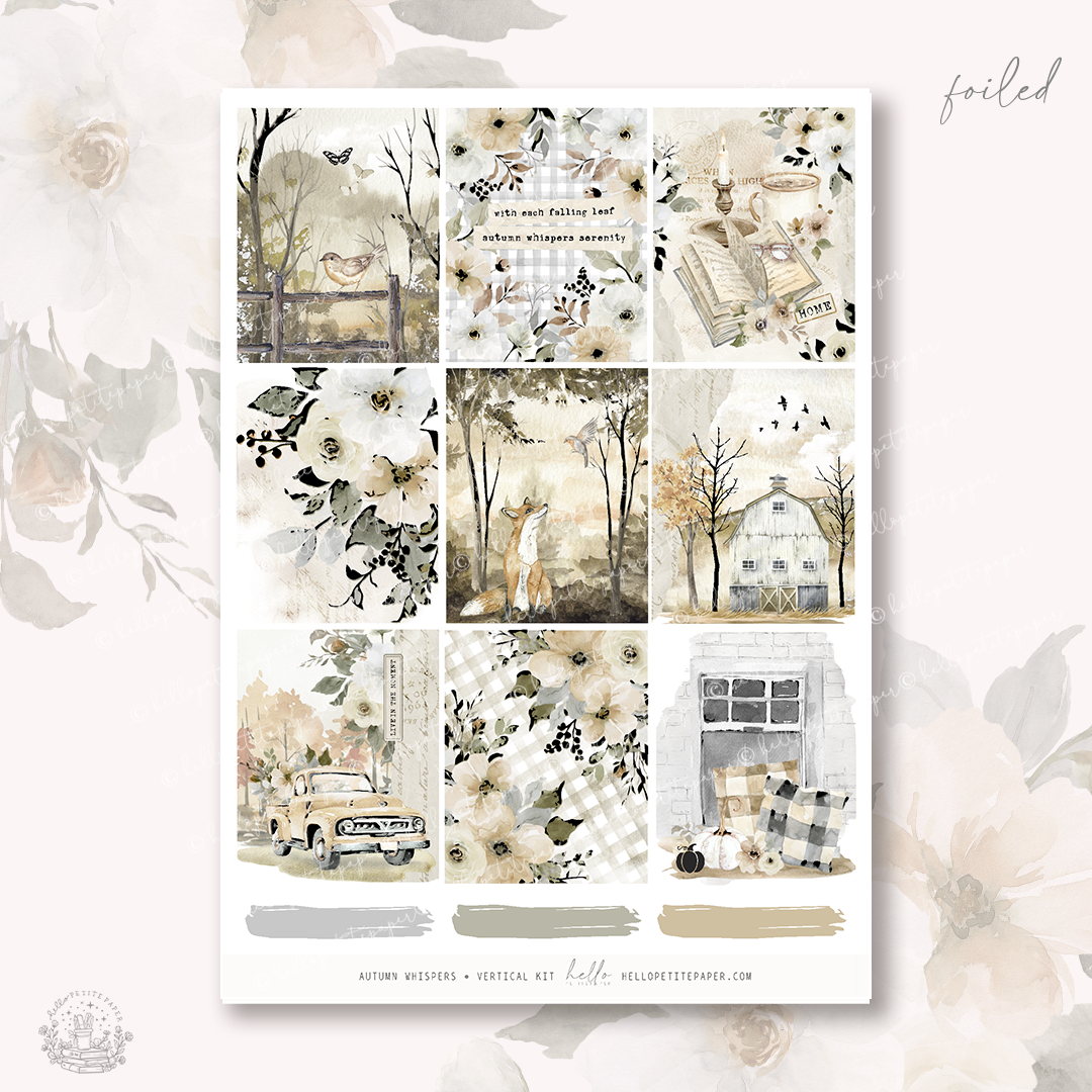 The image is a collage of nine different pictures, each depicting various scenes and elements related to autumn, such as flowers, trees, a barn, and a truck. The collage is set against a floral background, creating a harmonious and visually appealing composition.