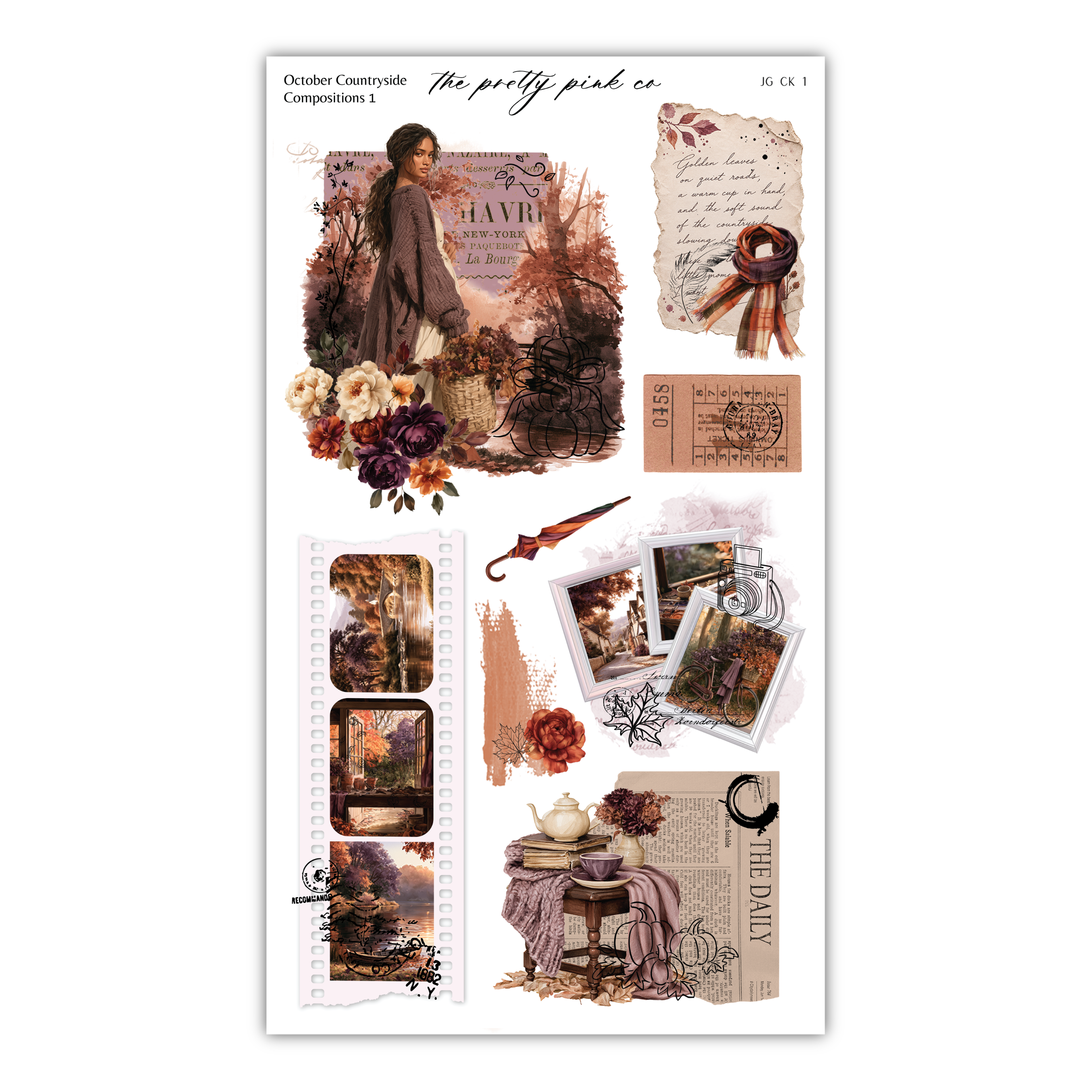 The image is a collage of various elements, including a woman, flowers, a handbag, an umbrella, and other decorative items. The collage appears to be a creative and artistic composition, with a focus on the use of color, texture, and visual interest.