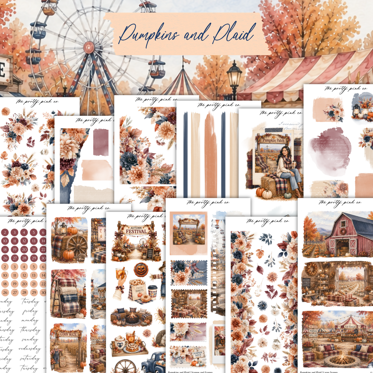 The image is a collage of various autumn-themed images, including a ferris wheel, a barn, pumpkins, and other fall-themed elements. The collage is titled "Dumpkins and Plaid" and includes a variety of autumn-themed elements, such as pumpkins, leaves, and other fall-themed objects.