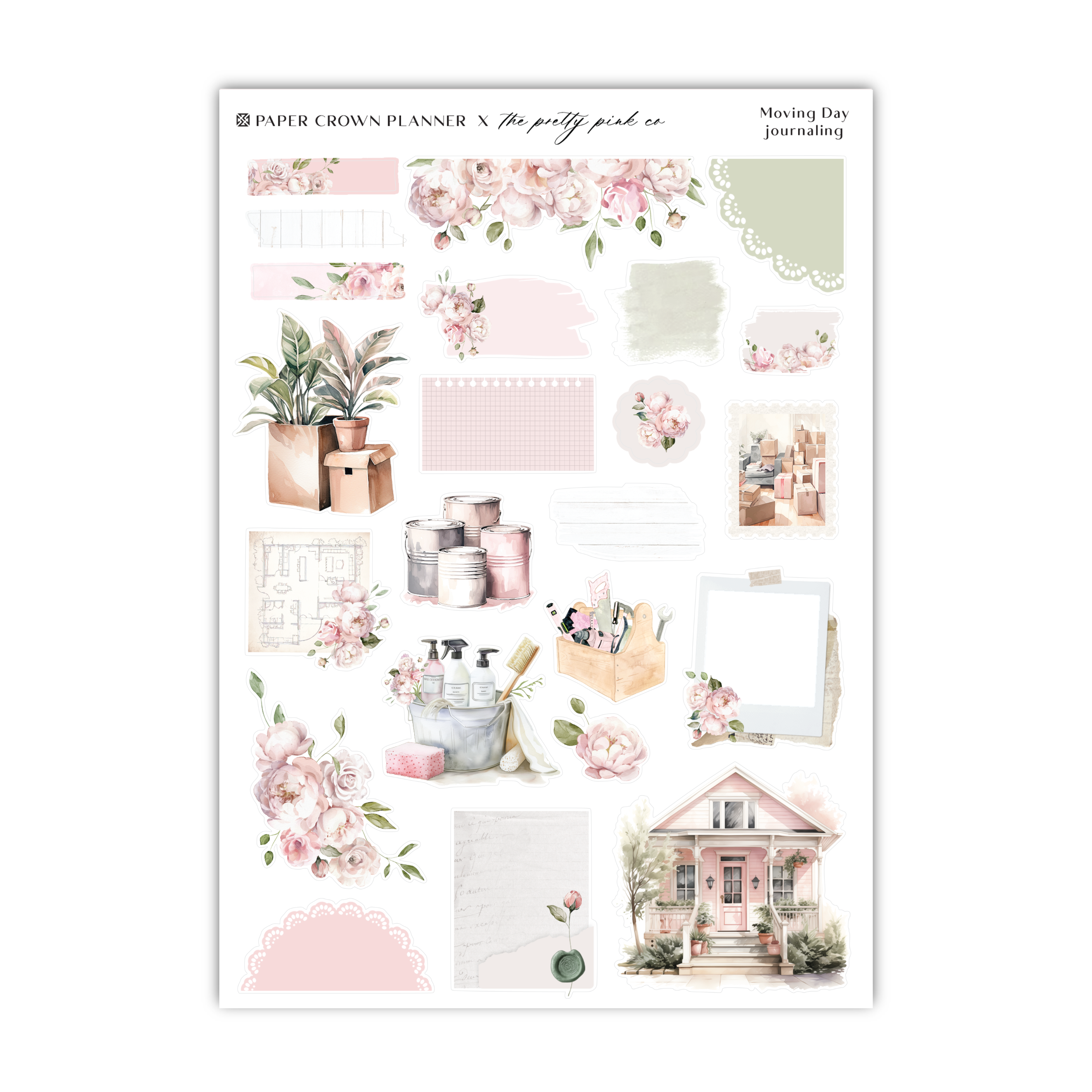 a sticker sheet with pink flowers and a house