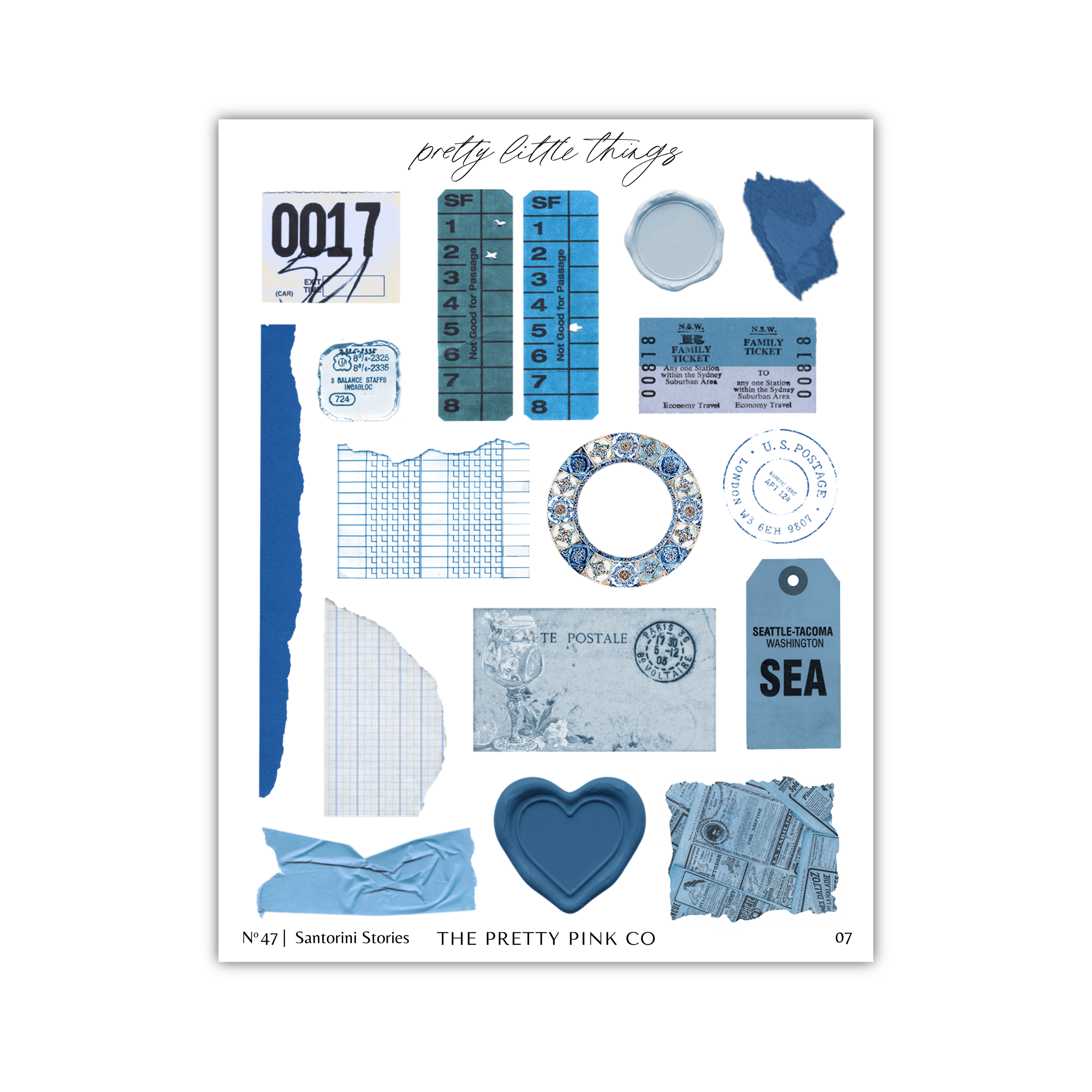 The image is a collage of various objects and elements, including a number "007" sticker, a blue envelope, a heart-shaped object, a postcard, and other miscellaneous items. The collage appears to be a collection of everyday objects, and there are no specific details provided about each object.