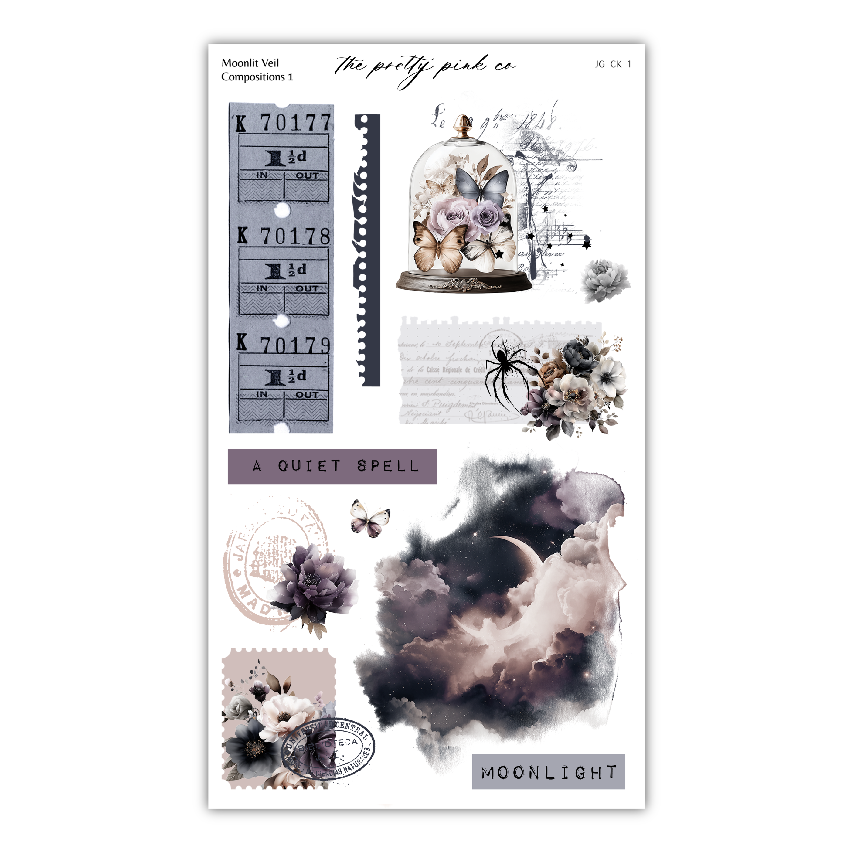The image is a collage of various artistic elements, including a glass dome containing flowers, a crescent moon, and a butterfly. The collage also includes a quote about a quiet spell and the word "Moonlight".