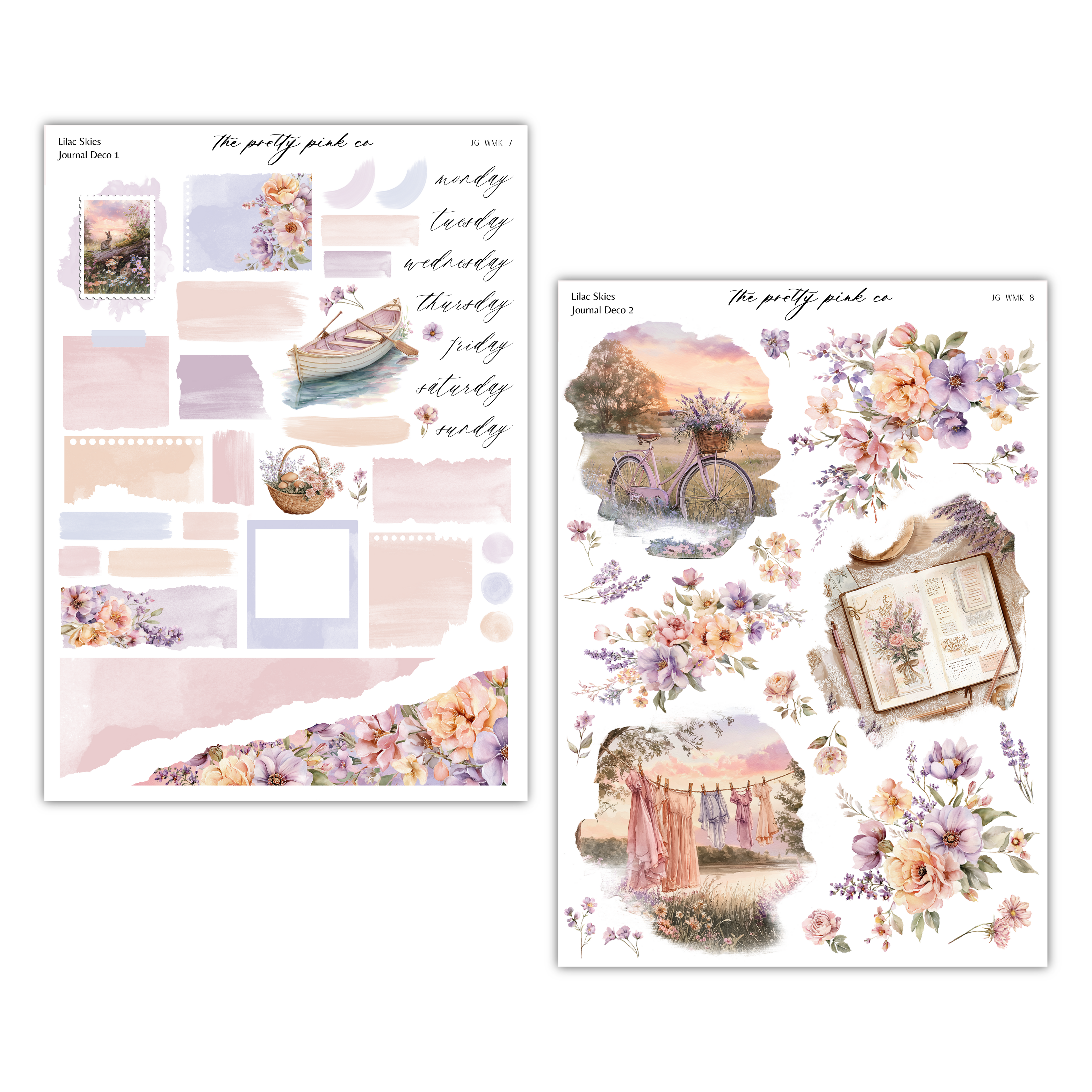 two separate images, each featuring a variety of floral and nature-inspired elements. The images include a bicycle, a basket, a book, and a field of flowers. The images are arranged in a way that suggests a collage or a collection of smaller images. The overall composition of the images is visually appealing and evokes a sense of tranquility and beauty.