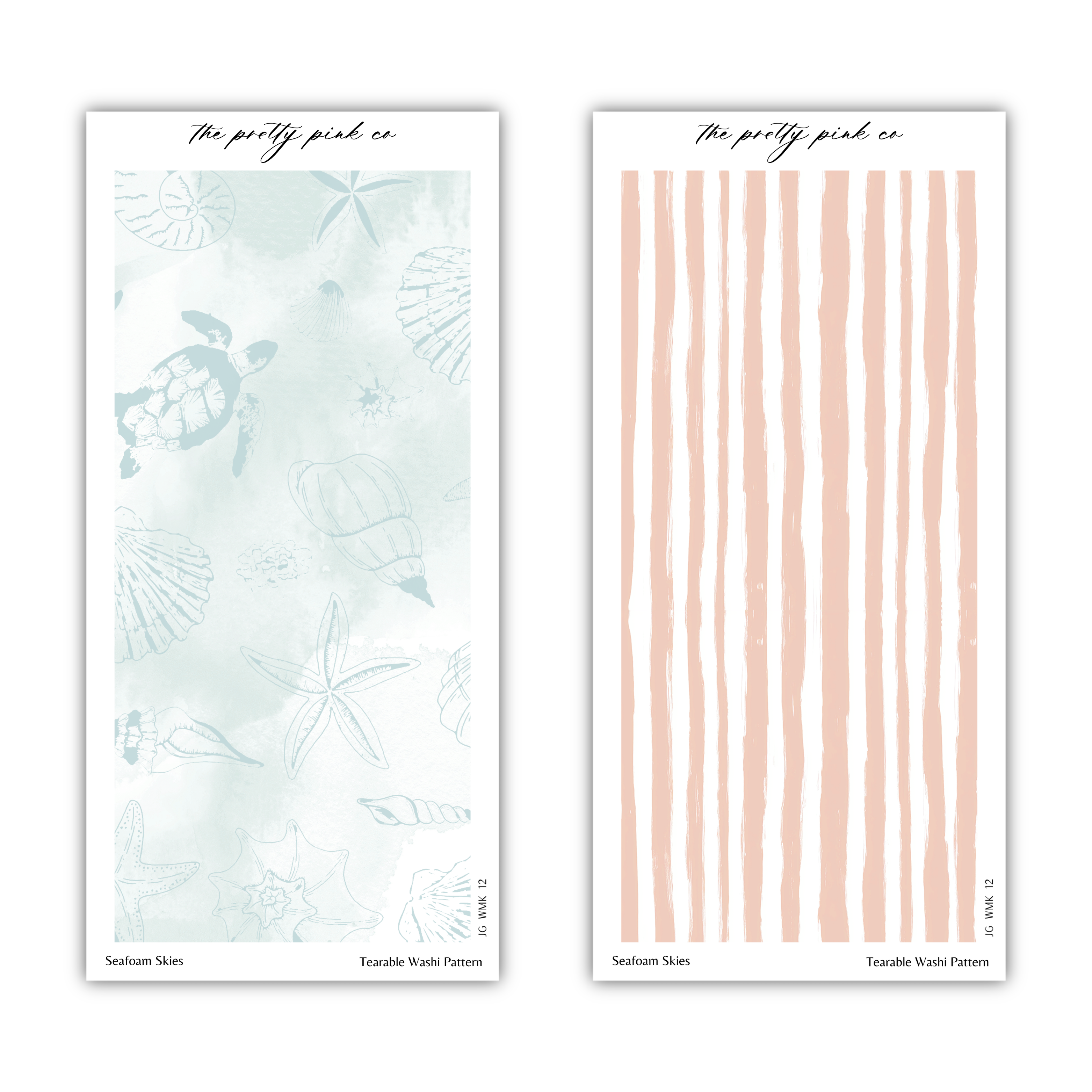 two different patterns, one with a watercolor-like texture and the other with a striped pattern. The text above each pattern reads "The pretty pink co" and below each pattern reads "Seafam Skies" and "Tearable Wash Pattern".