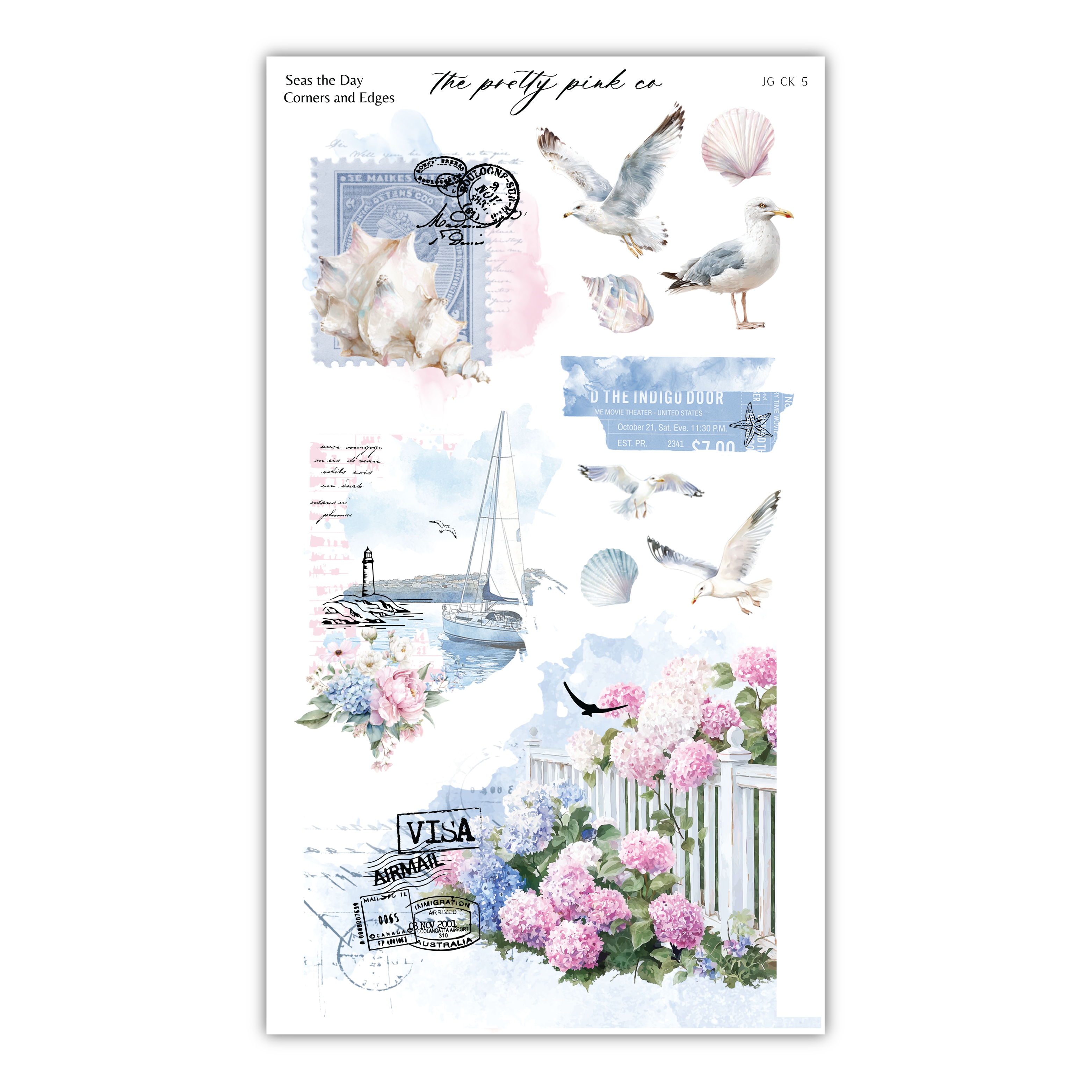 The image is a collage of various elements, including seagulls, flowers, a sailboat, and a lighthouse. The collage is visually appealing and includes a variety of colors and textures, creating a harmonious and balanced composition.