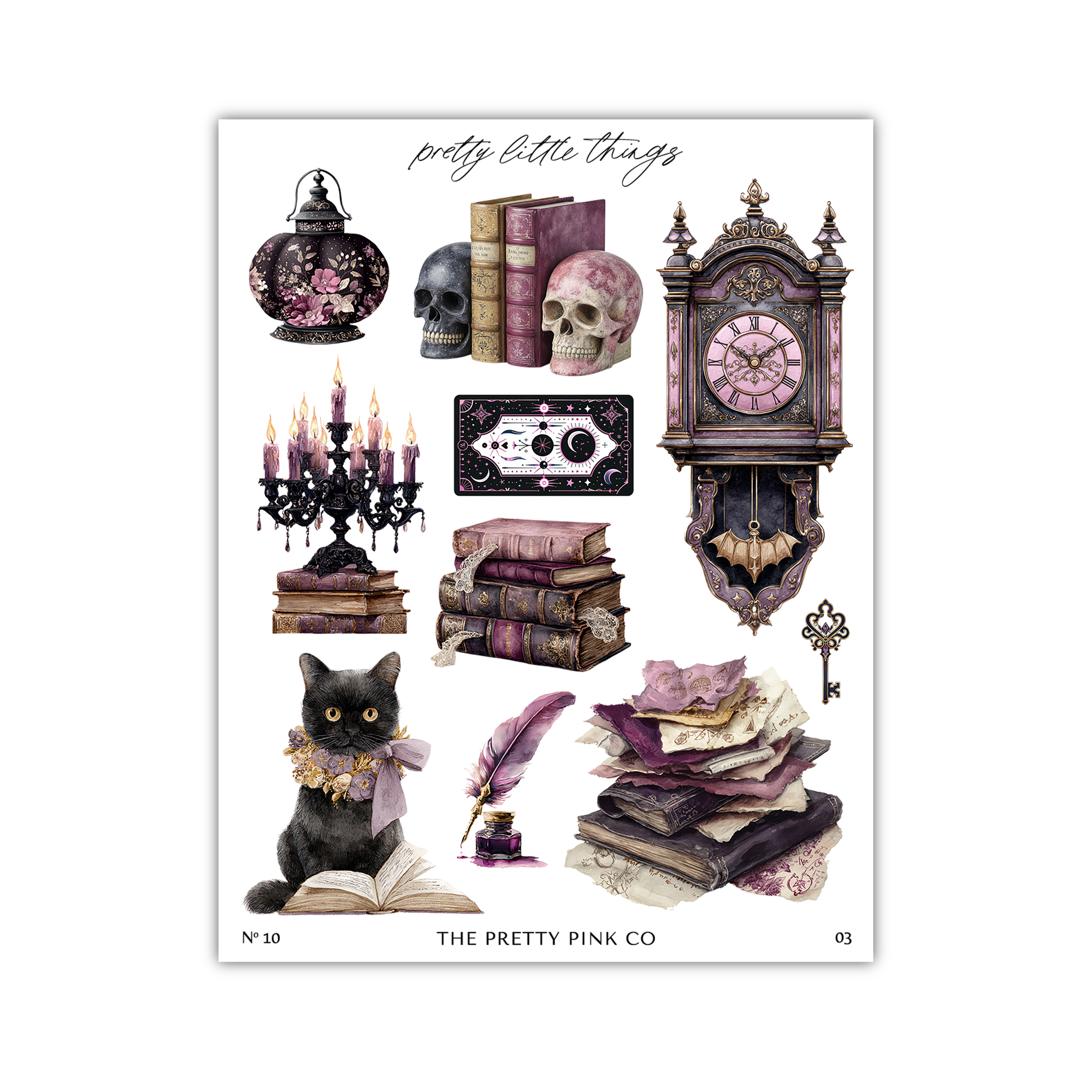 The image is a collage of various items, including a skull, a clock, a cat, books, candles, and other decorative objects, all arranged in a visually appealing manner.