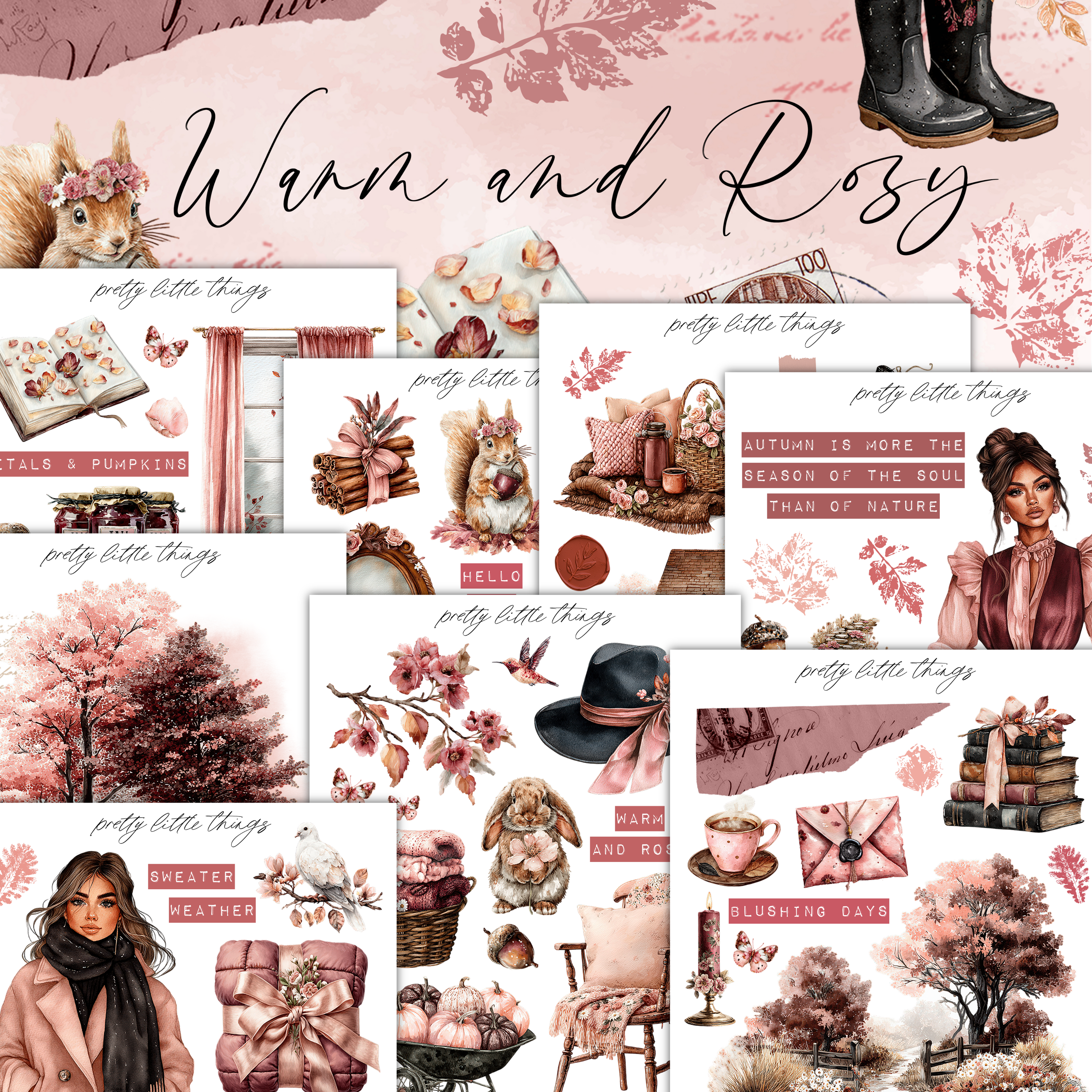 The image is a collage of various illustrations and objects related to autumn and the season, including flowers, leaves, books, and a woman.