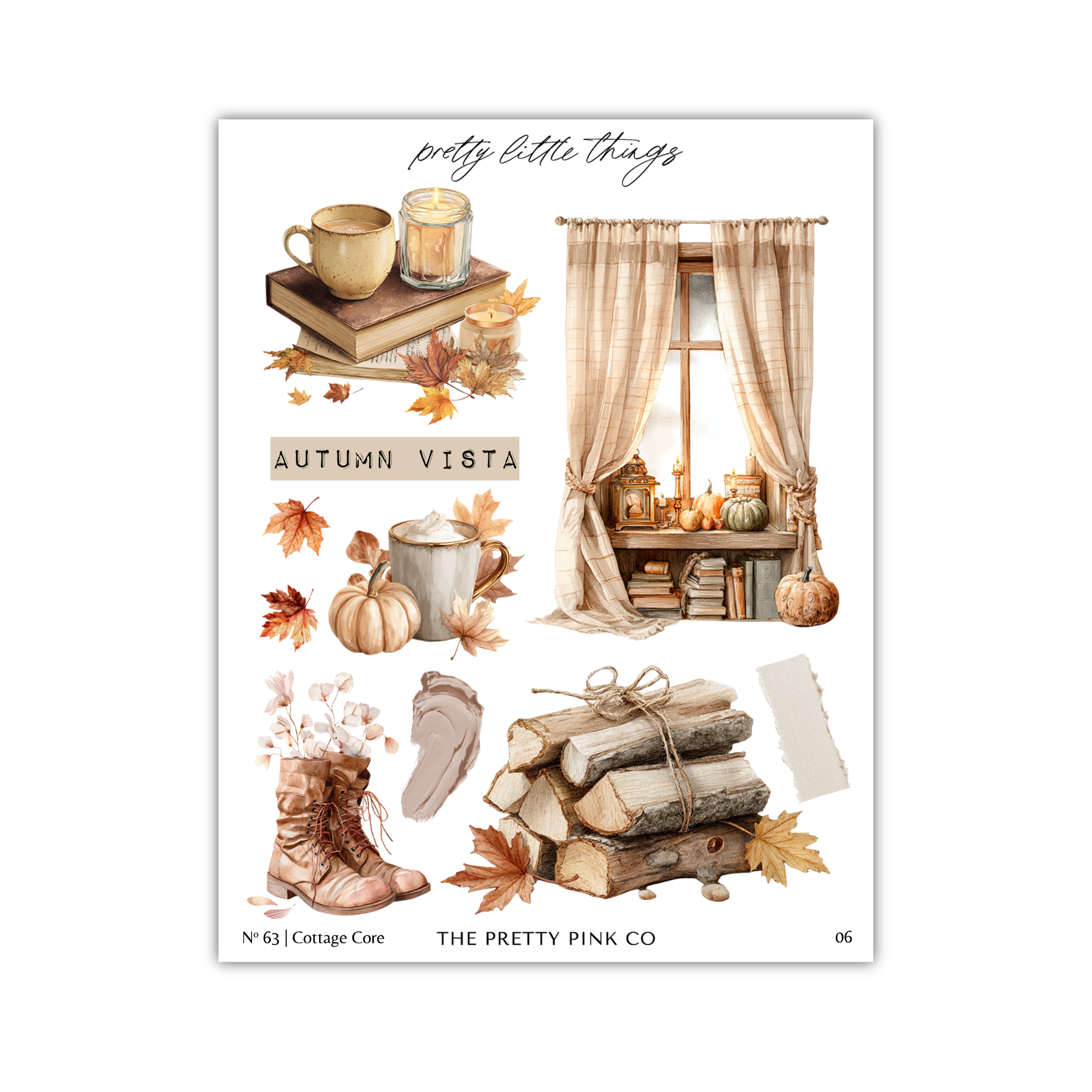 The image is a collage of various autumn-themed items, including a cup, books, a window, pumpkins, and boots.