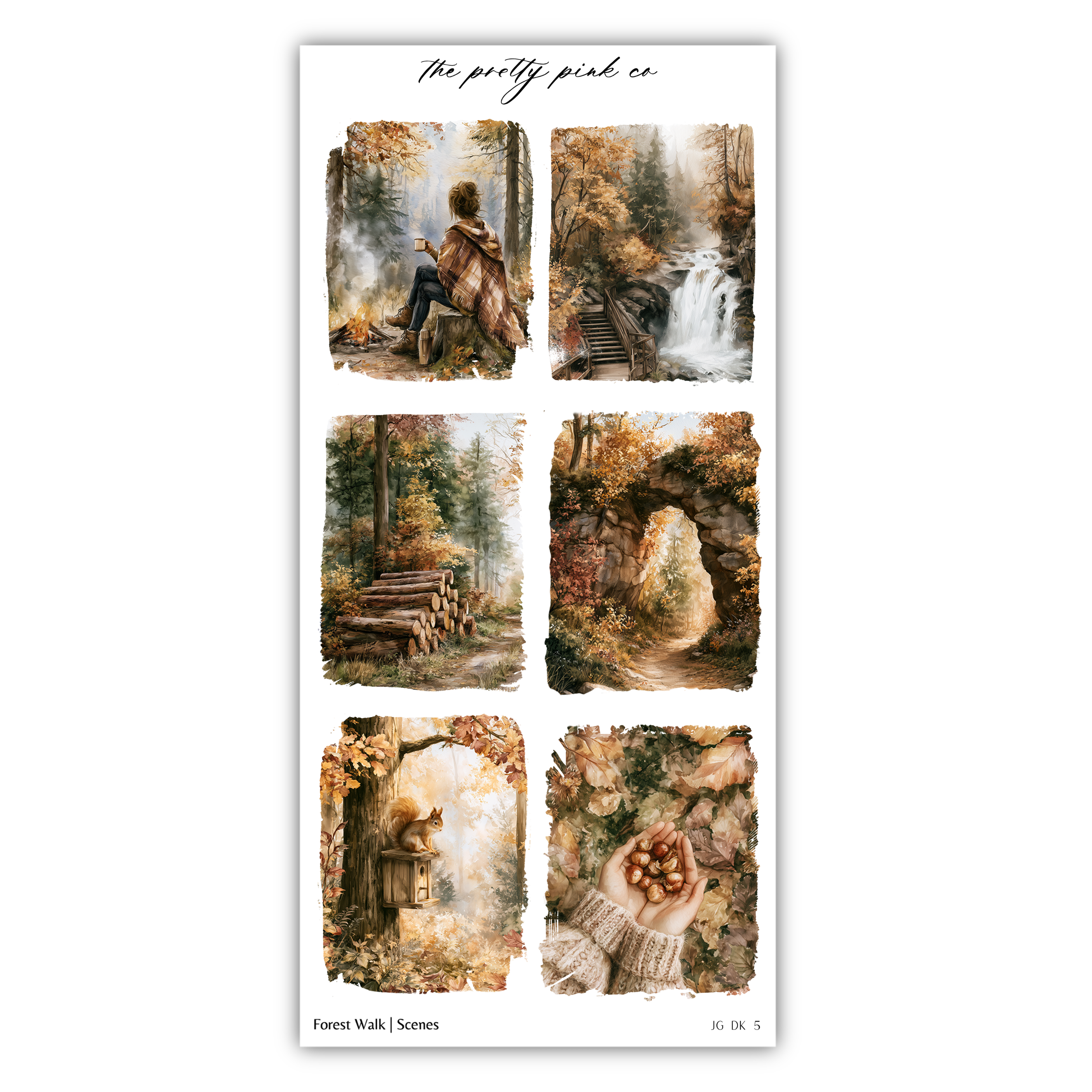The image is a collage of six different scenes depicting various aspects of a forest walk, including a person sitting on a log, a waterfall, a path, a squirrel, and a hand holding acorns.