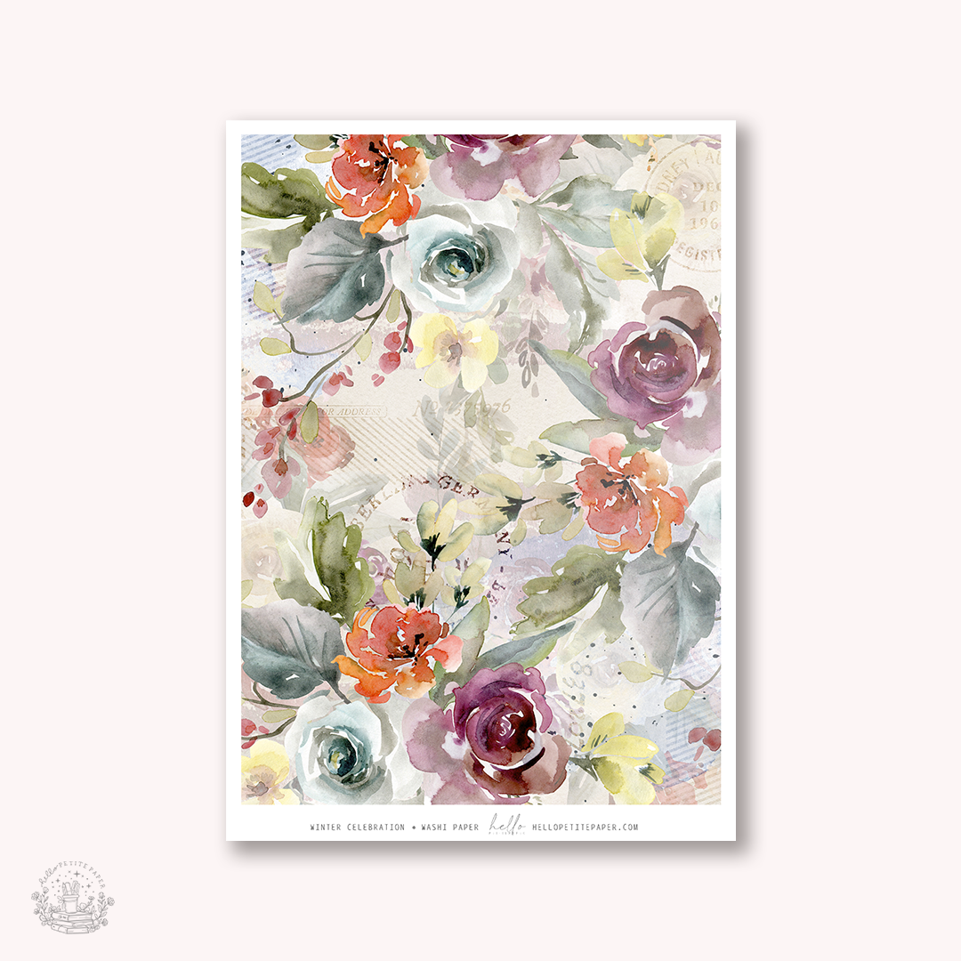 The image is a vibrant and colorful floral print featuring a variety of flowers and leaves in shades of pink, orange, and green.