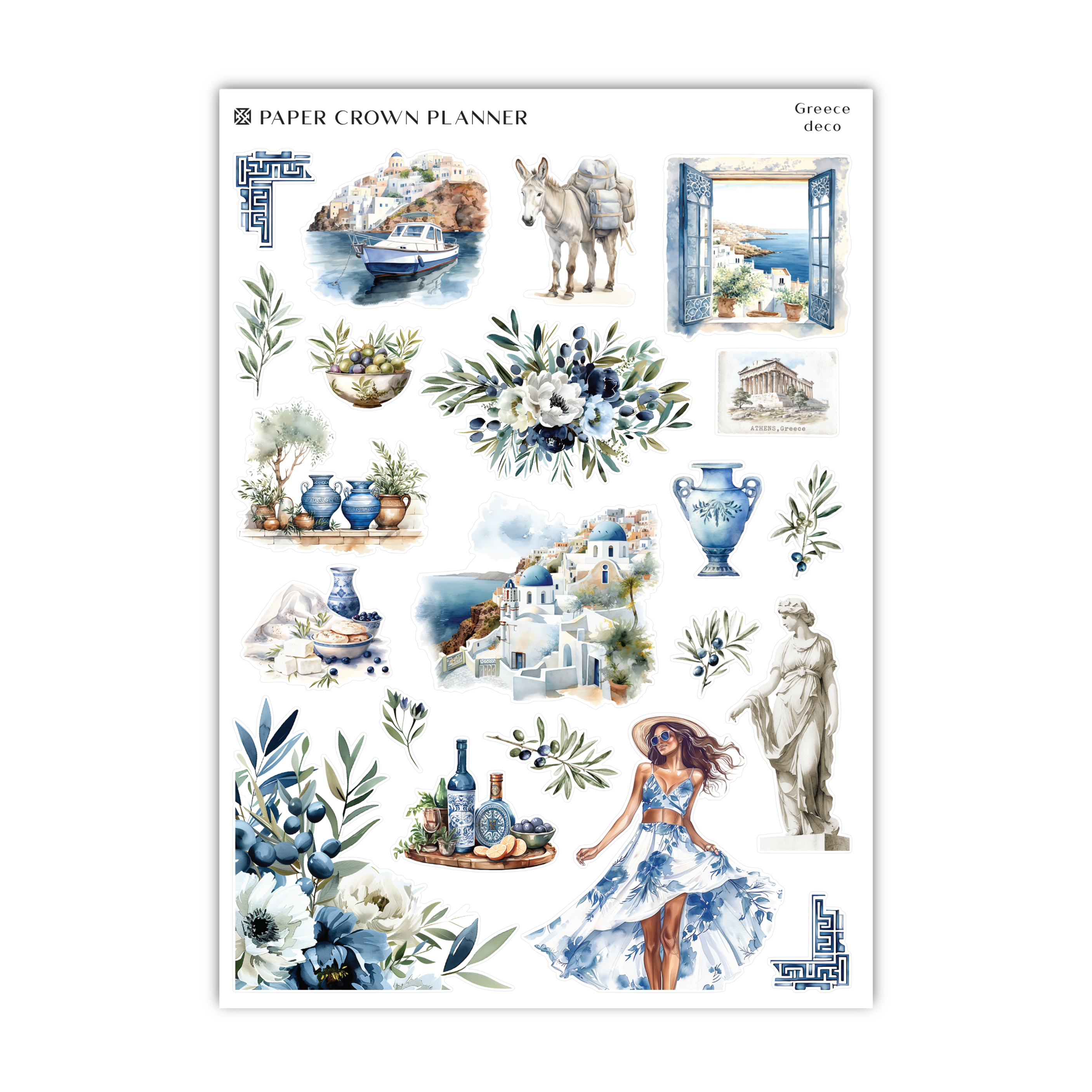 a sticker sheet of blue and white flowers and vases