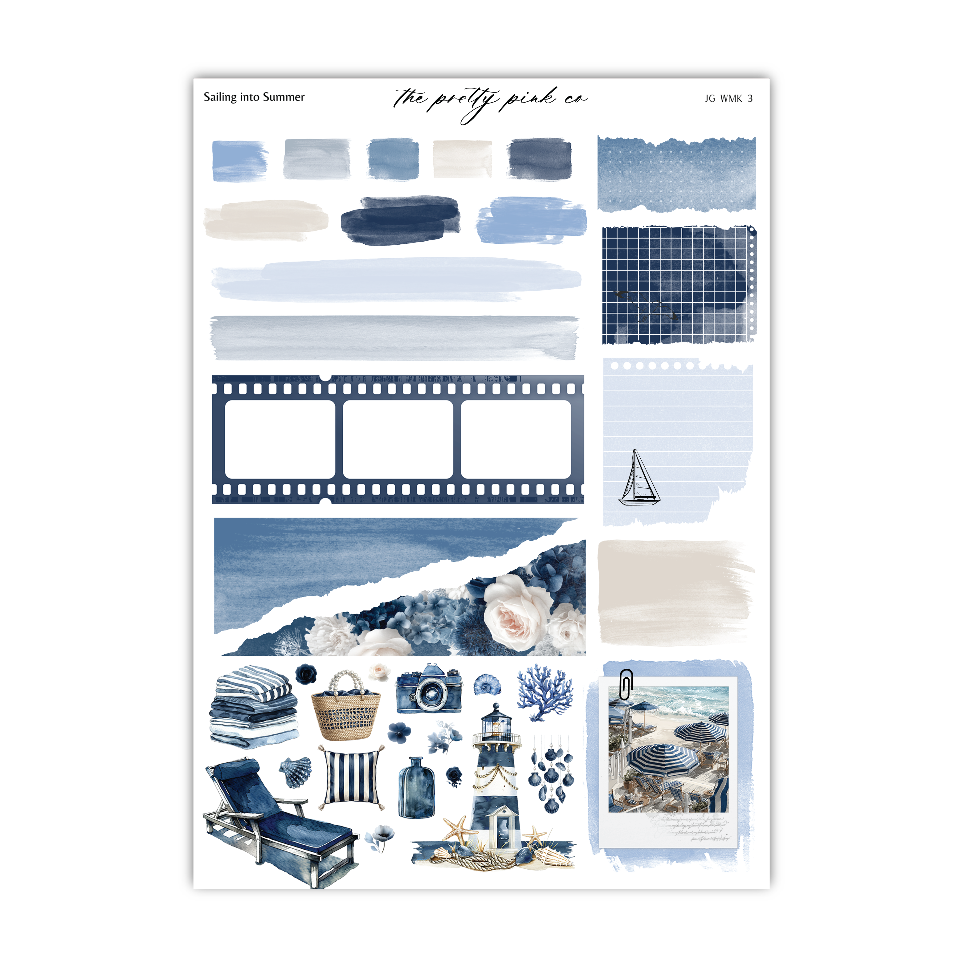 The image is a collage of various objects and scenes related to summer, including a sailboat, a beach, a camera, and other summer-themed items.