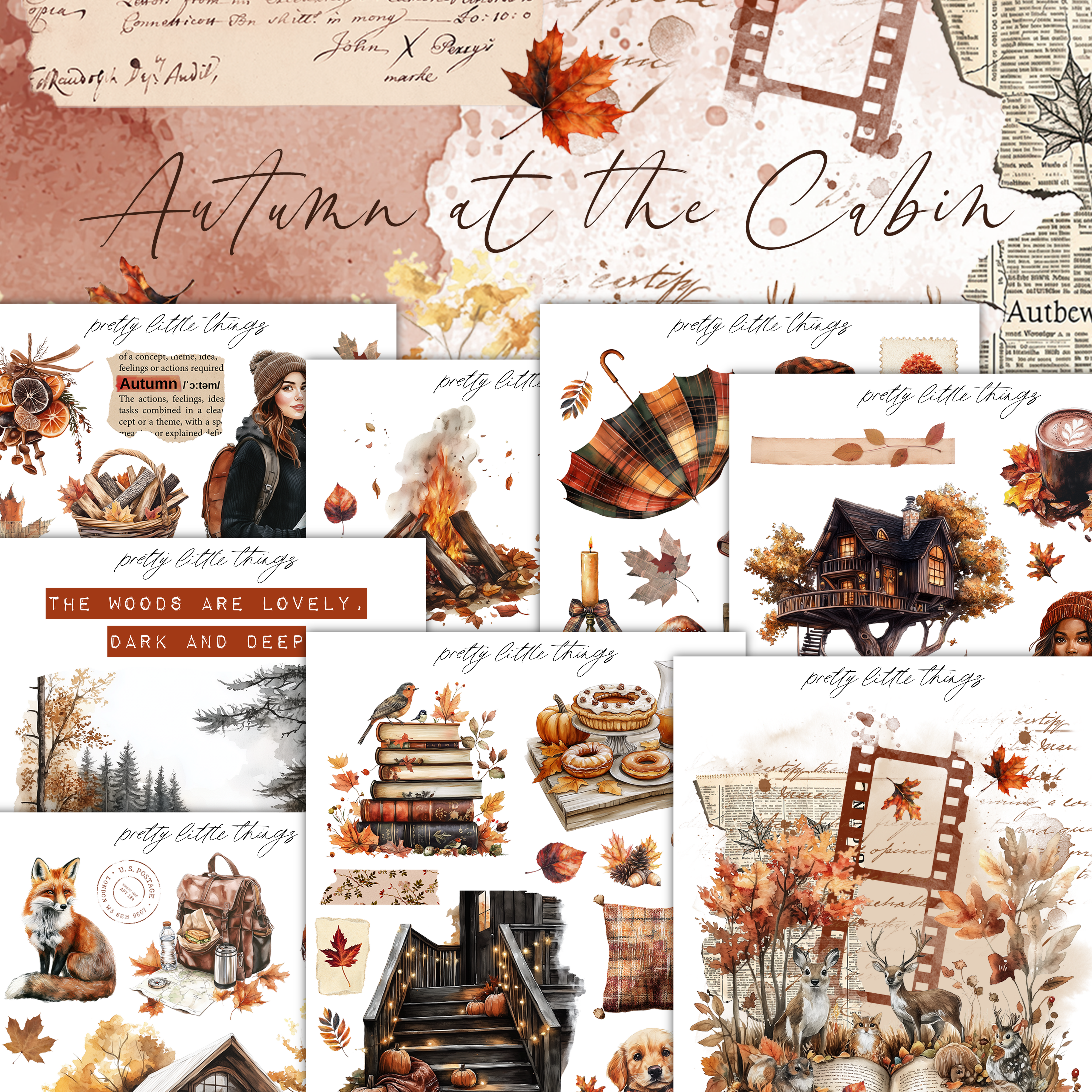 The image is a collage of various autumn-themed elements, including leaves, a cabin, books, and other seasonal objects. The collage is titled "Autumn at the Cabin" and features a variety of autumn-related imagery, such as a person sitting on a bench, a fireplace, and a tree with orange leaves. The collage is visually appealing and showcases the beauty of autumn.