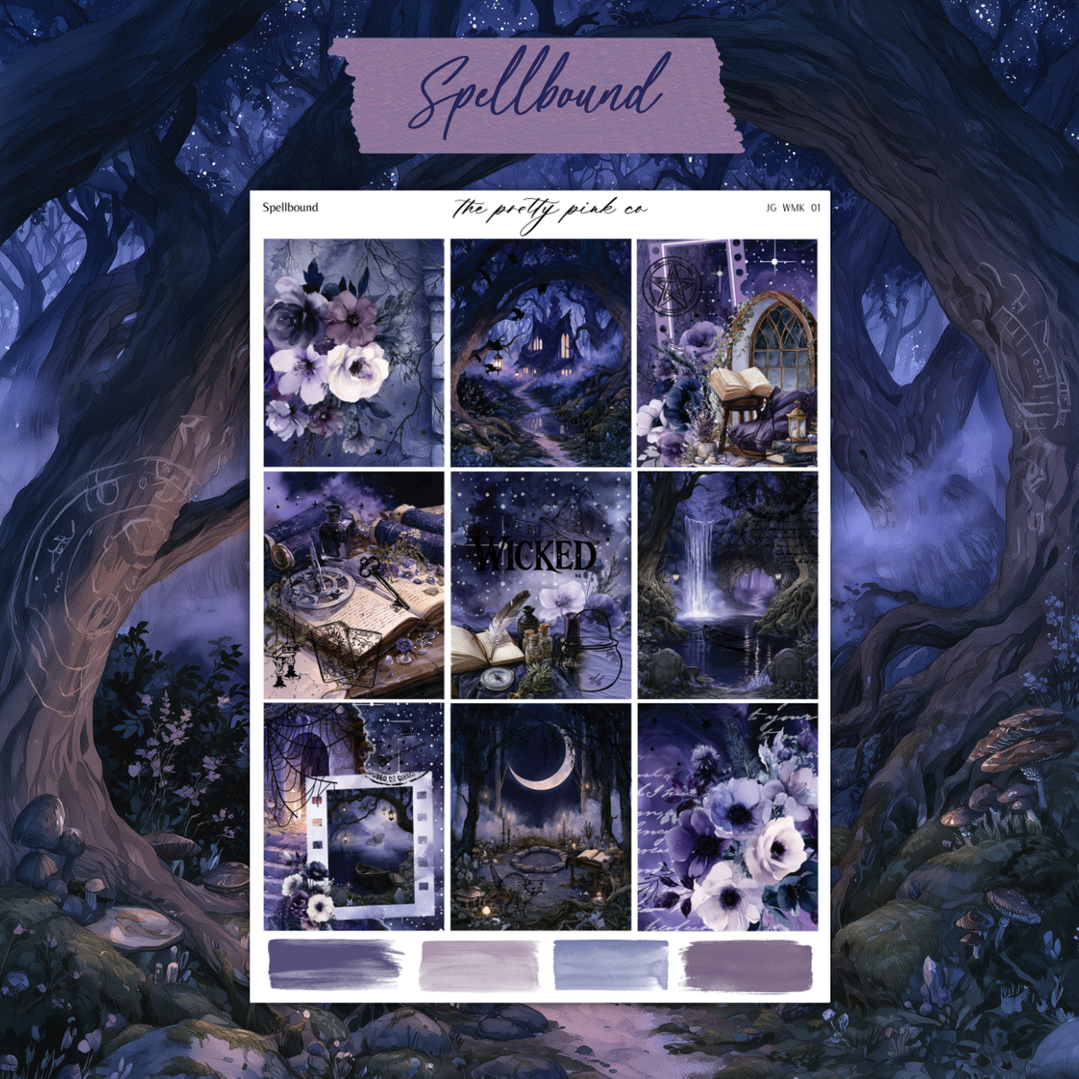 The image is a collage of various fantastical and mystical scenes, including a castle, a forest, a waterfall, and a moonlit landscape. The overall color palette is dominated by shades of purple, blue, and black, creating a visually striking and imaginative composition.