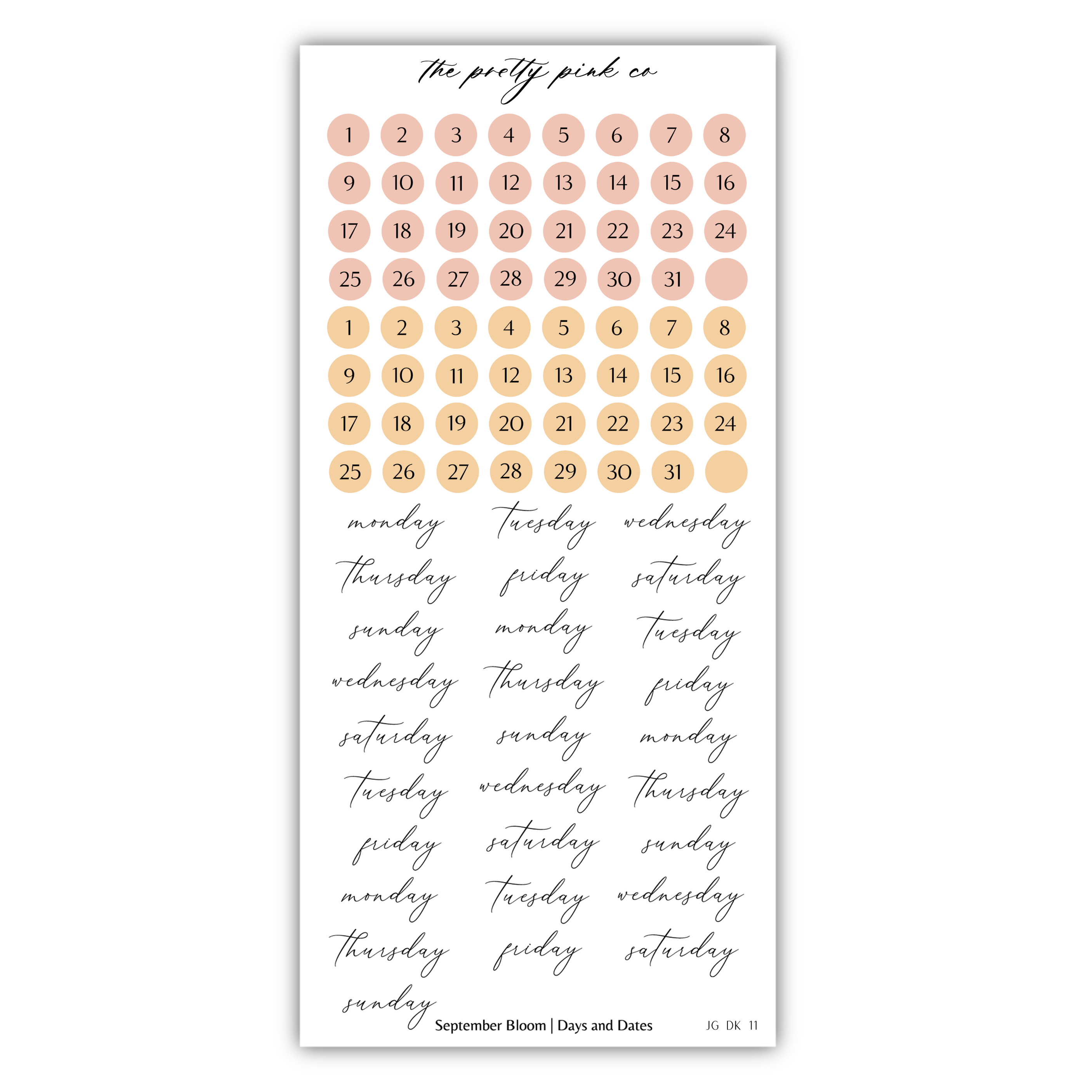 The image is a calendar with a grid of numbers representing days of the week, and a list of days of the week written in cursive.