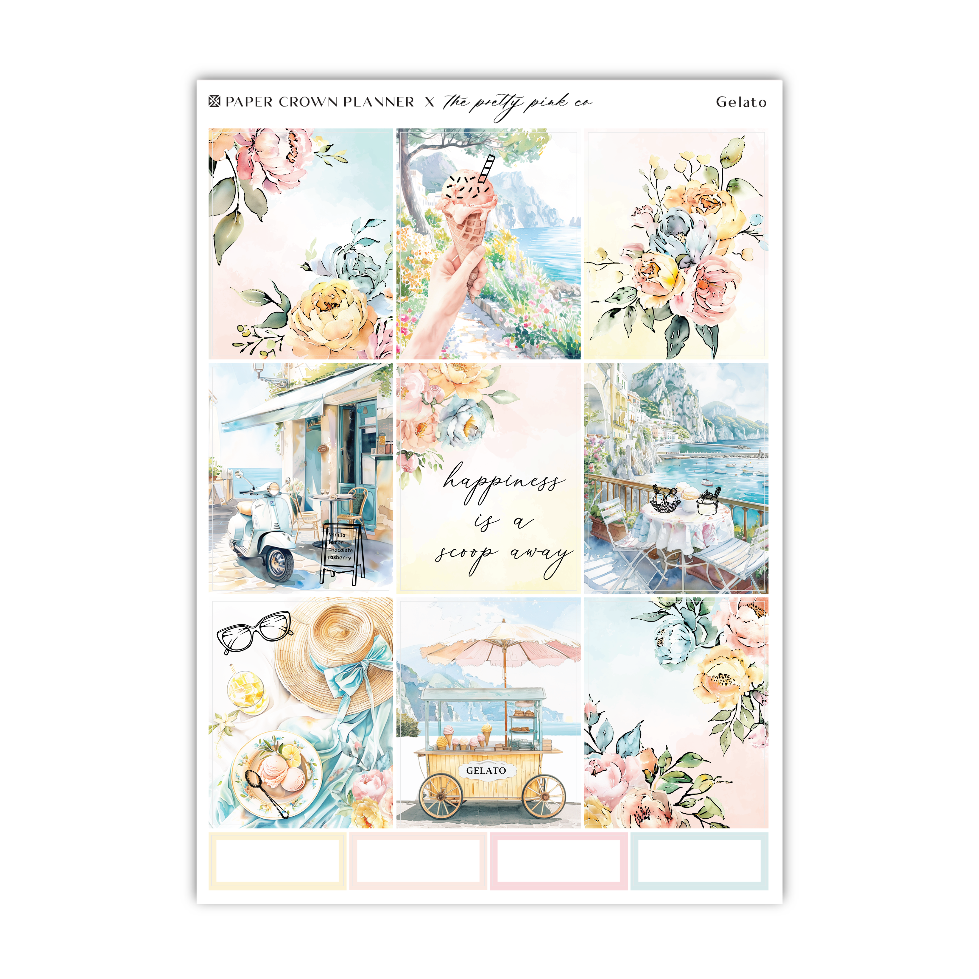 a sticker sheet with a picture of a bus and flowers