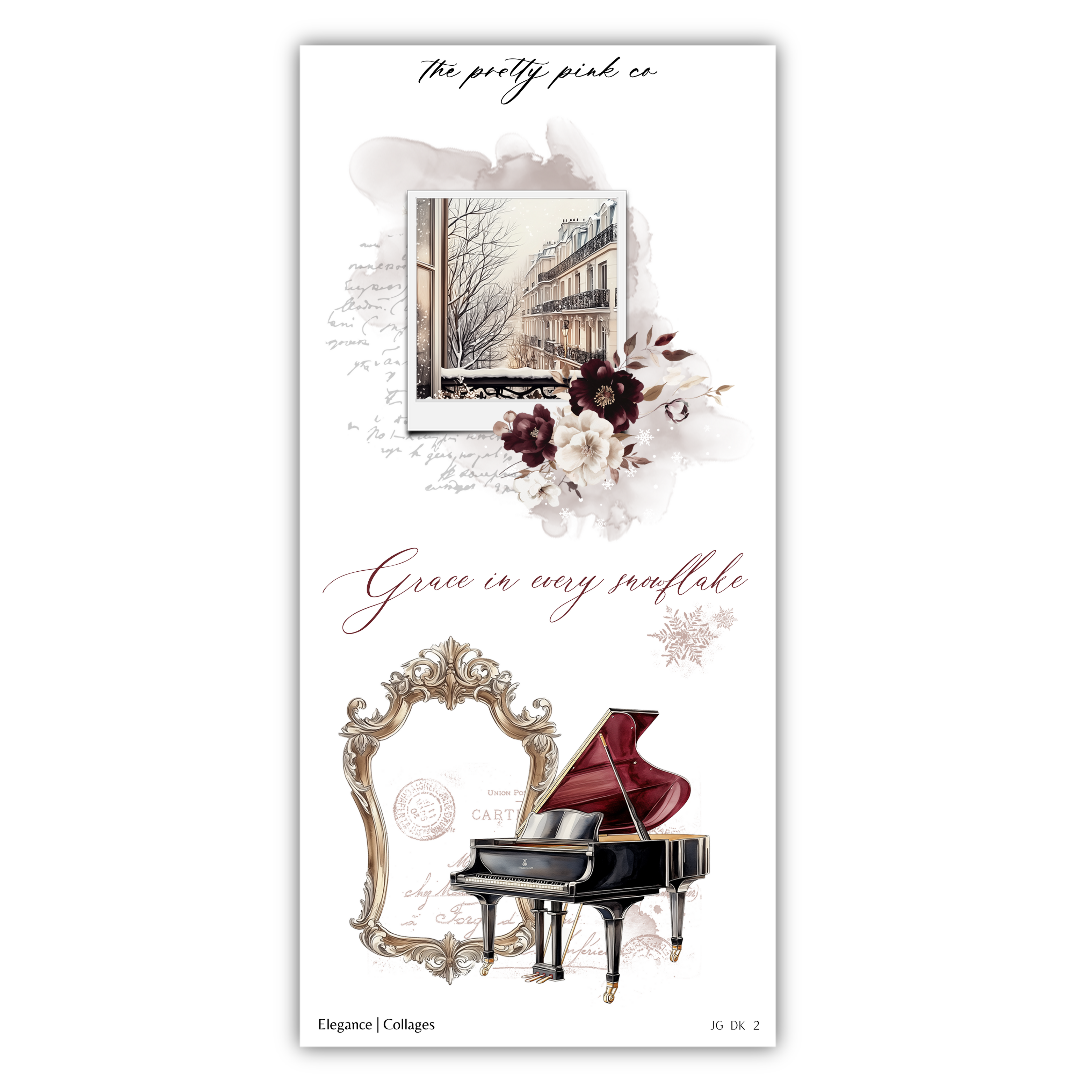 a christmas card with a piano and flowers