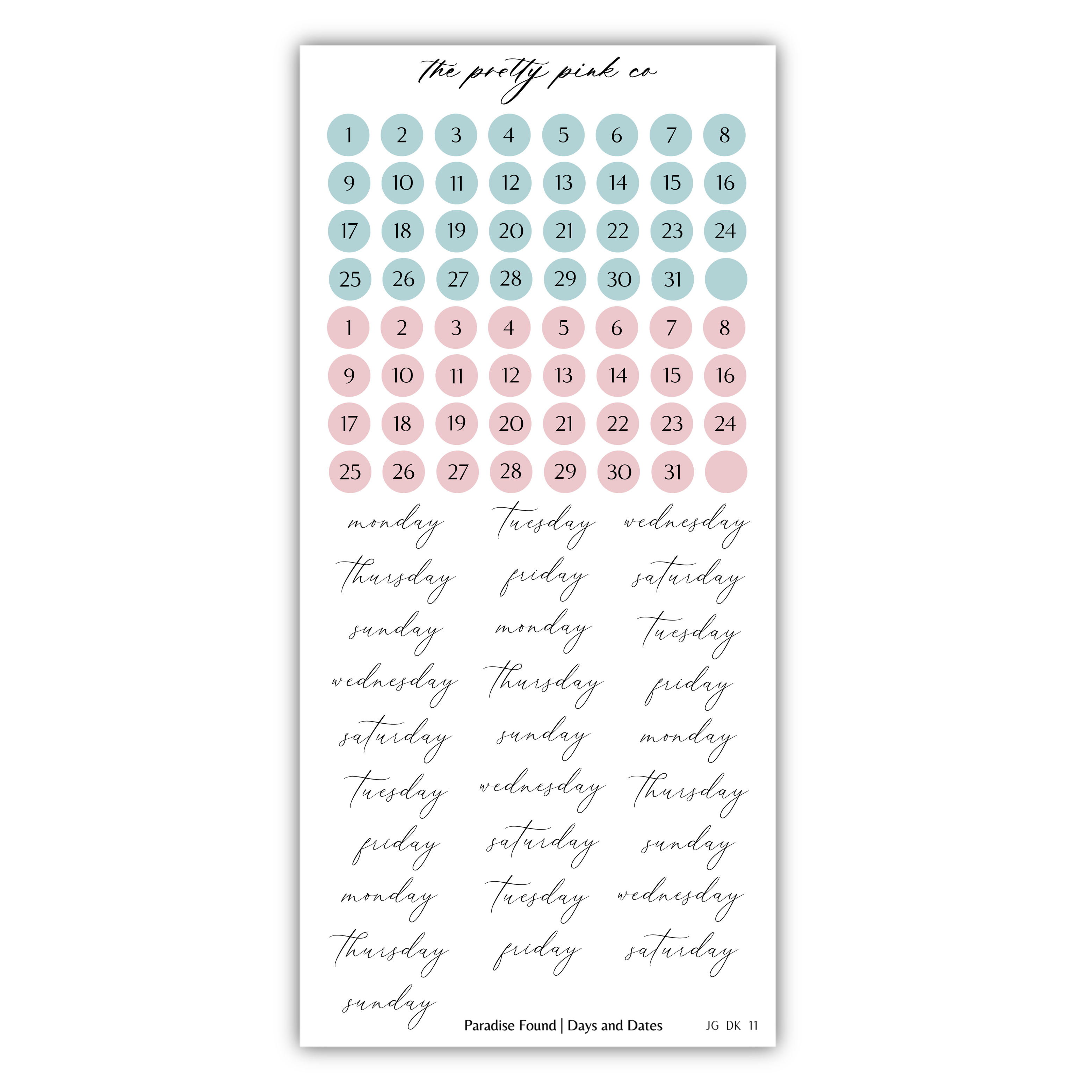 The image is a calendar with a grid of numbered days and days of the week written in cursive.