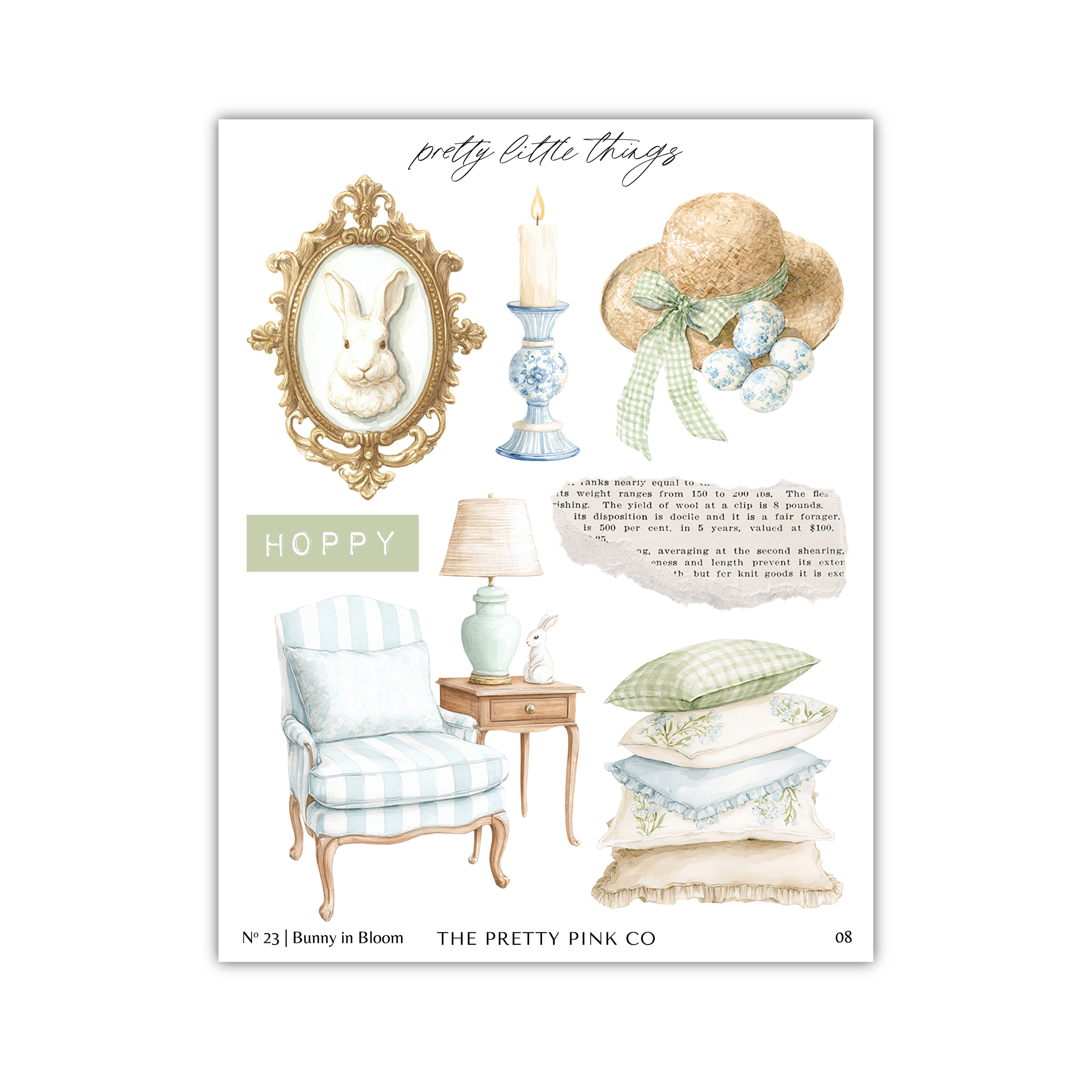 The image is a collage of various decorative items and furniture, including a bunny, a candle, a hat, a lamp, a chair, and pillows. The collage is titled "pretty little things" and is part of a series by The Pretty Pink Co.