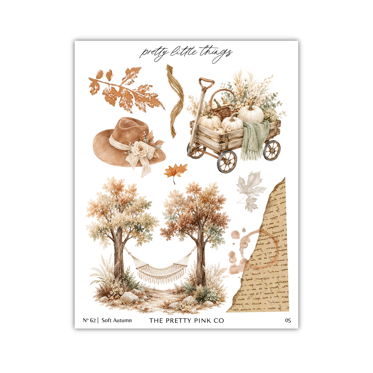 The image is a collage of various autumn-themed elements, including a hat, a wagon filled with pumpkins, trees, a hammock, and a piece of paper with text.