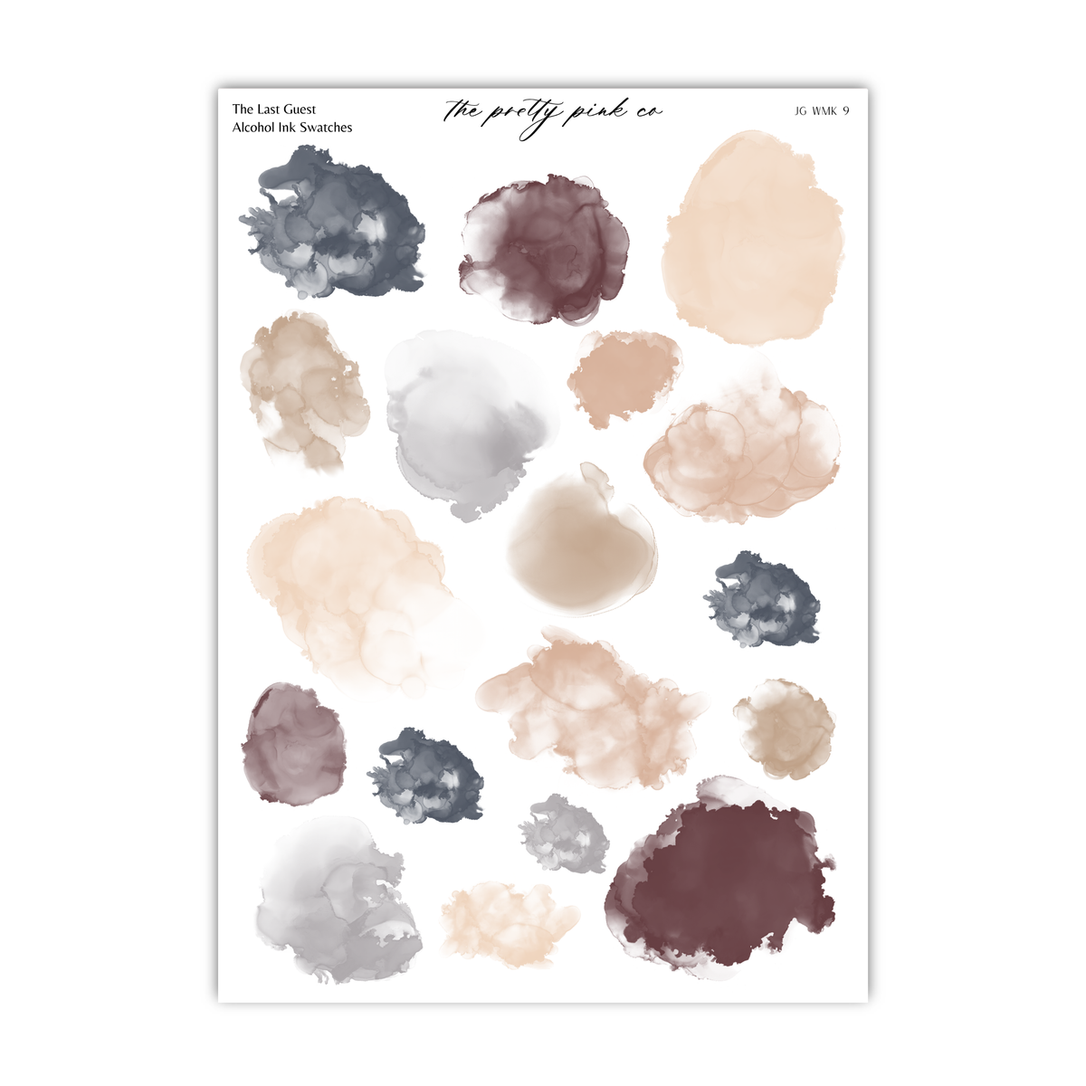 a collection of abstract watercolor-style splatters in various shades of brown, beige, and gray, arranged in a grid-like pattern.