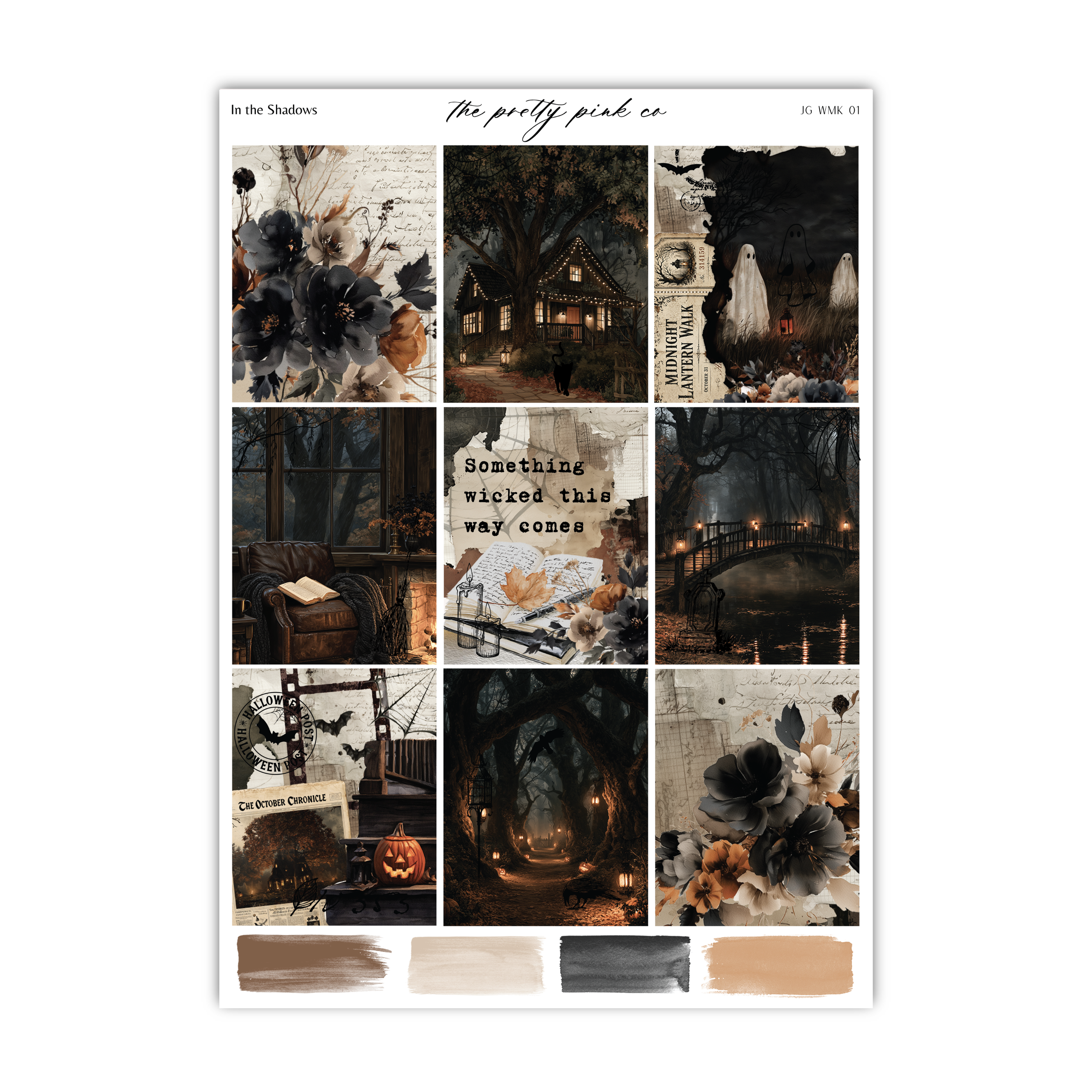 The image is a collage of various Halloween-themed images, including a house, a ghost, a pumpkin, and other spooky elements.