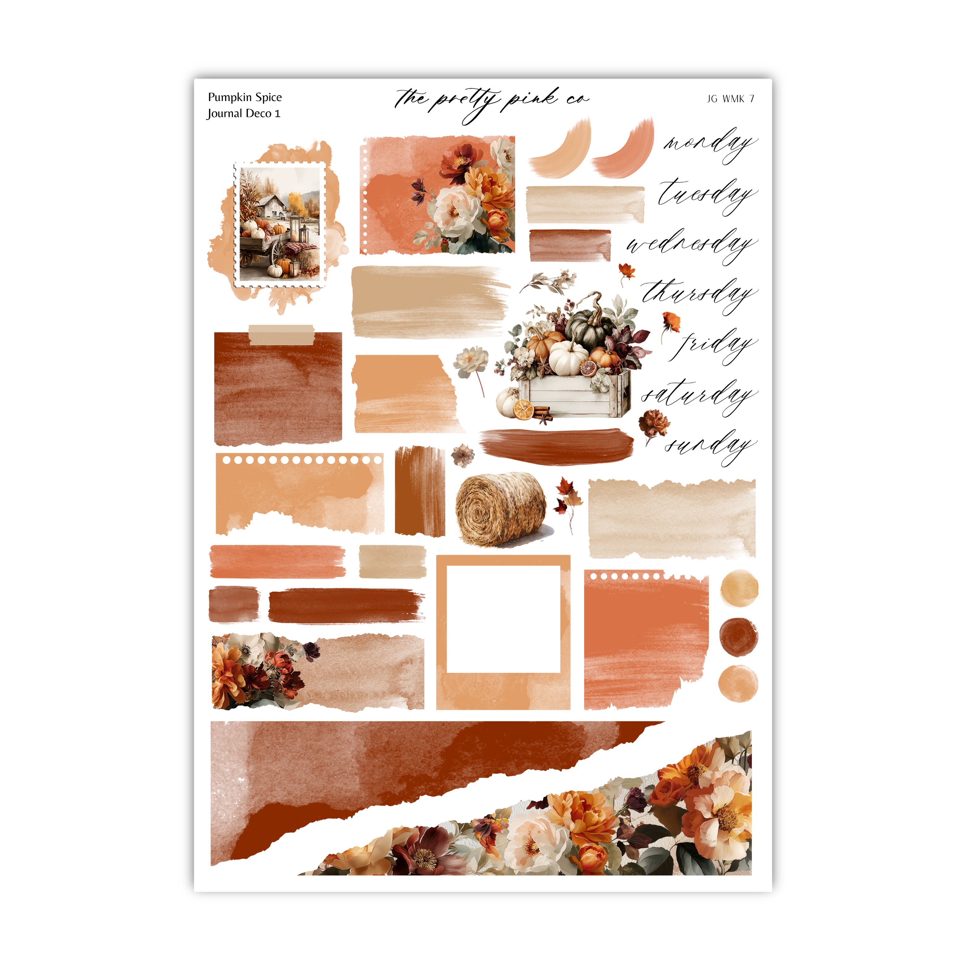 The image is a collage of various autumn-themed elements, including pumpkins, flowers, leaves, and a wooden basket. The colors used are warm and earthy, with shades of orange, brown, and beige. The collage appears to be a decorative arrangement, possibly for a journal or a similar project.