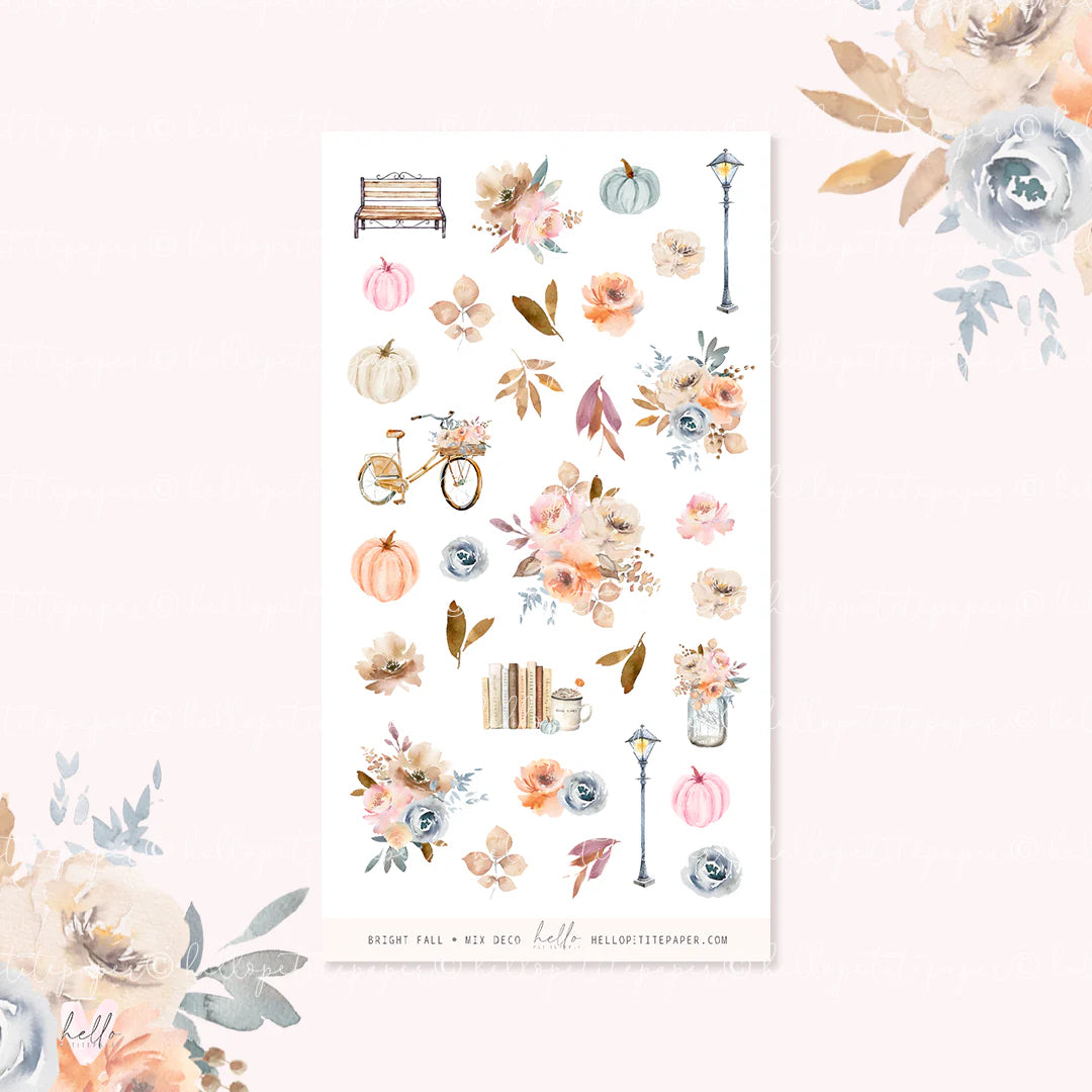 The image is a collage of various fall-themed elements, including pumpkins, flowers, a bicycle, a bench, and other seasonal decorations.