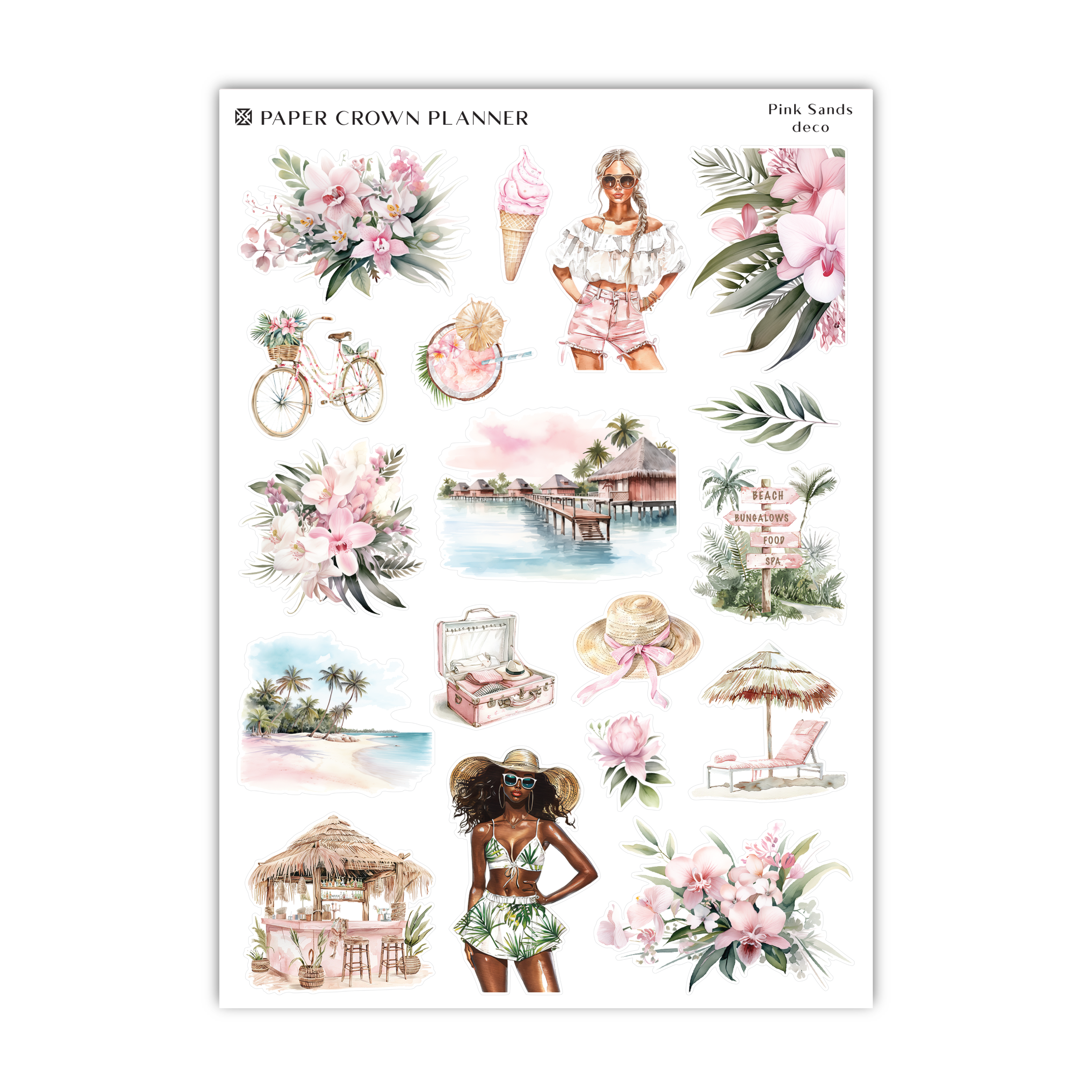 a sticker sheet with pink flowers and a girl in a bikini