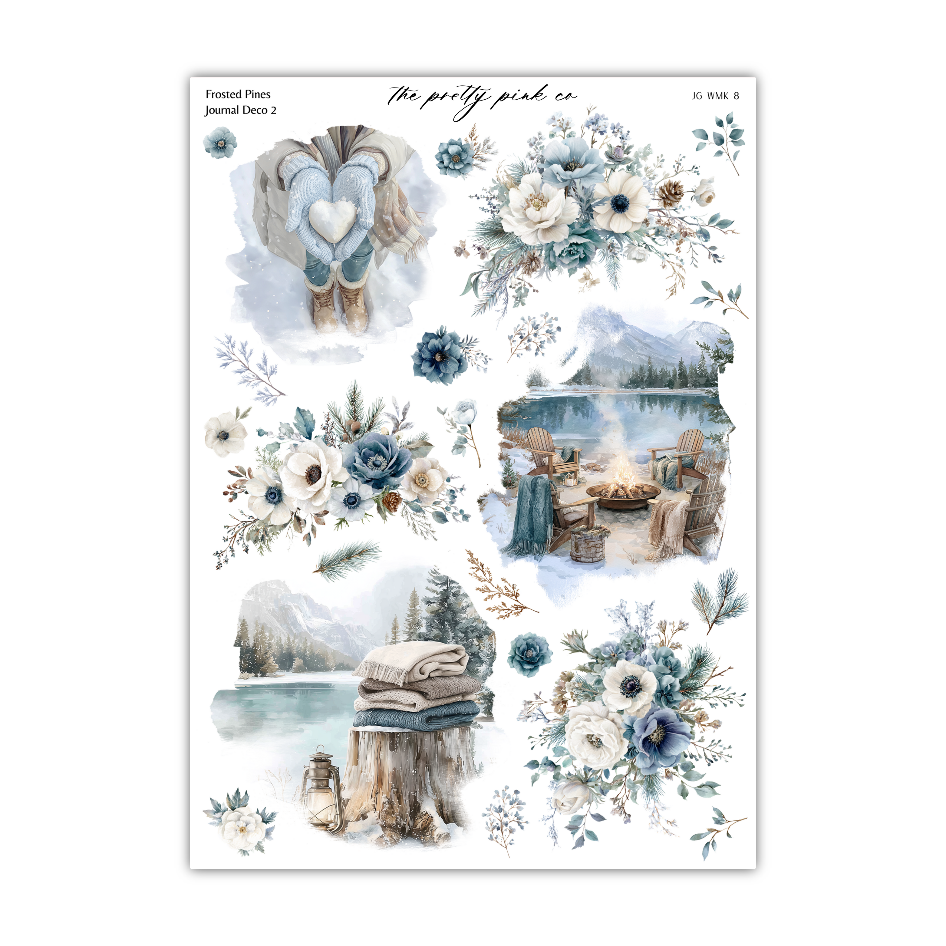 The image is a collage of various winter-themed scenes, including a snowy landscape, a fireplace, a lake, and floral arrangements.