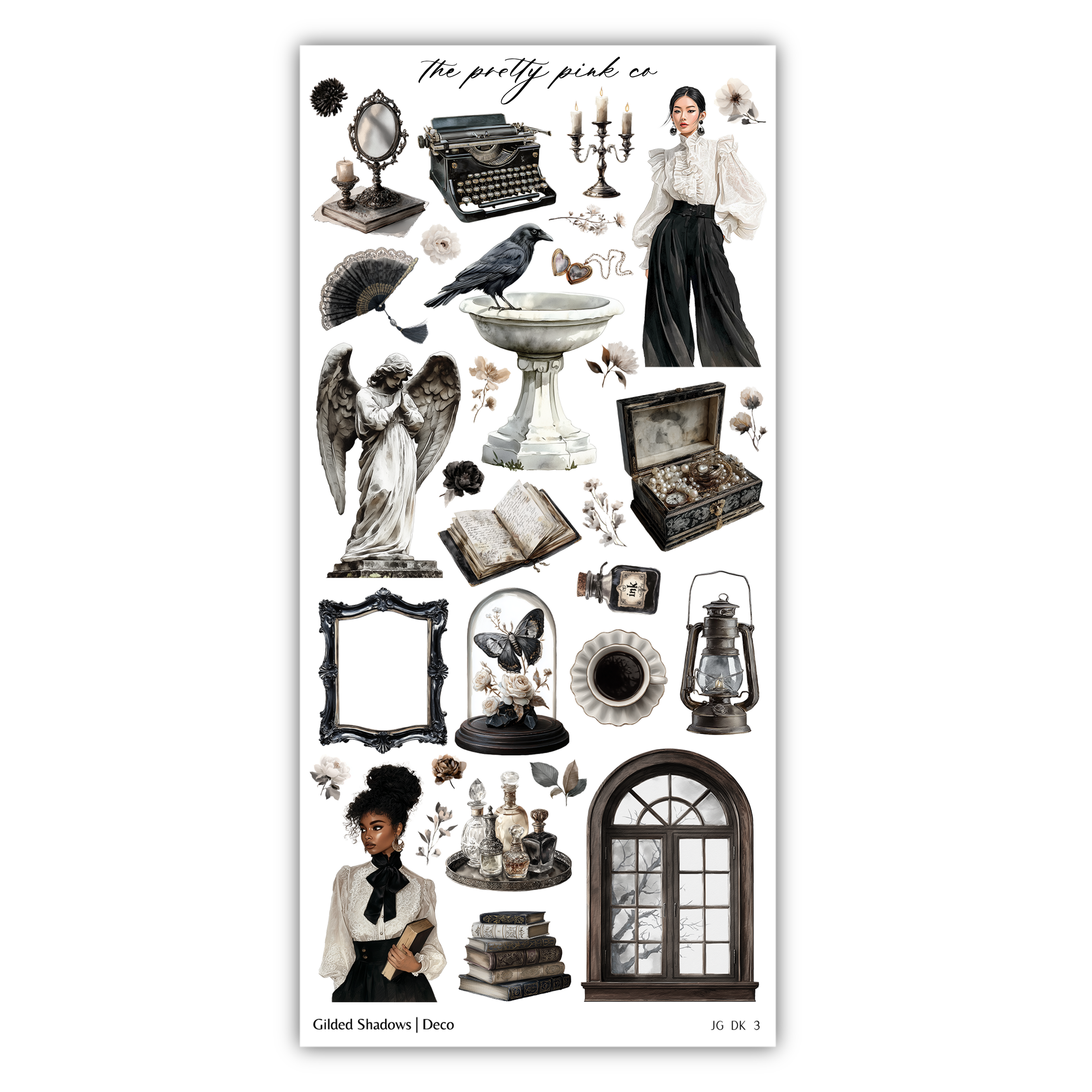 various vintage-style objects and scenes, including a typewriter, a woman in a white blouse, a bird, a candle holder, a book, a vase, a mirror, a clock, a lantern, a window, and a statue. The objects are arranged in a collage-like manner, creating a visually interesting and cohesive composition.