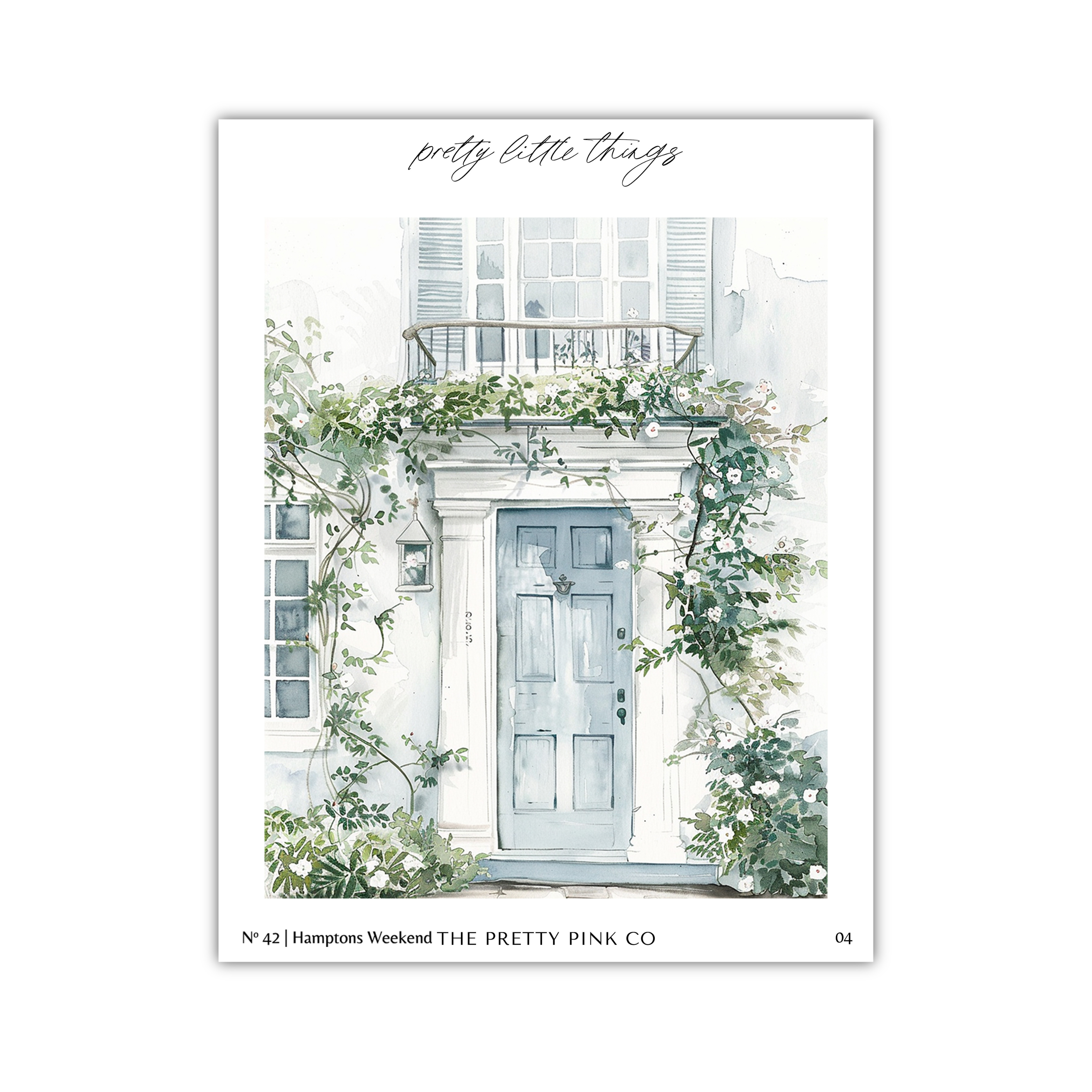 a charming white house with a blue door, surrounded by lush greenery and flowers.
