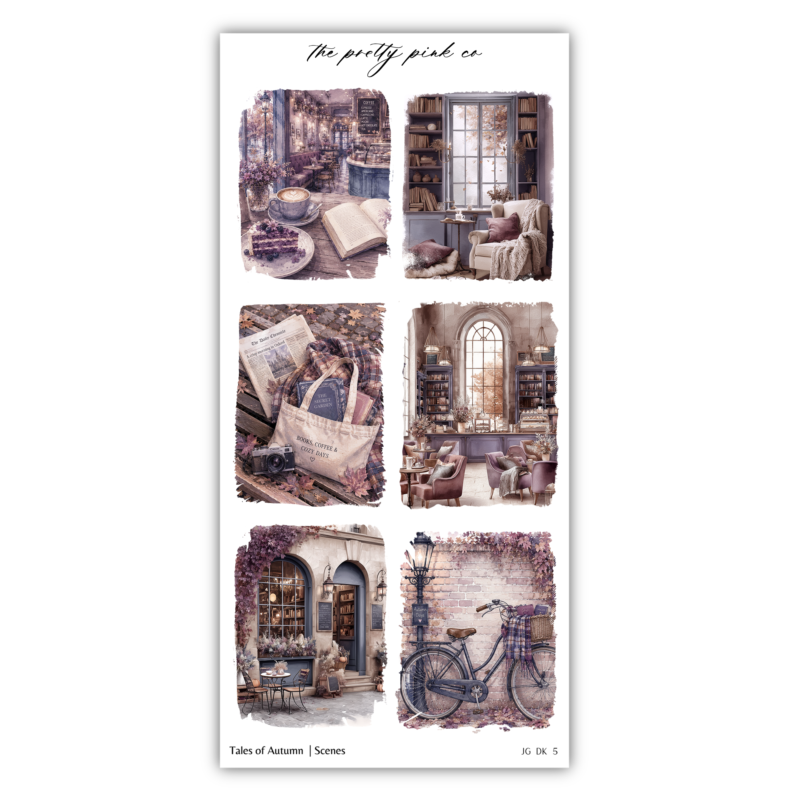 The image is a collage of six different scenes, each depicting a unique aspect of autumn. The scenes include a cozy reading nook, a bicycle parked in front of a building, a window with a vase of flowers, a bookshelf filled with books, a table with a plate of food, and a lamp post. The collage showcases the beauty and charm of autumn in various settings and activities.