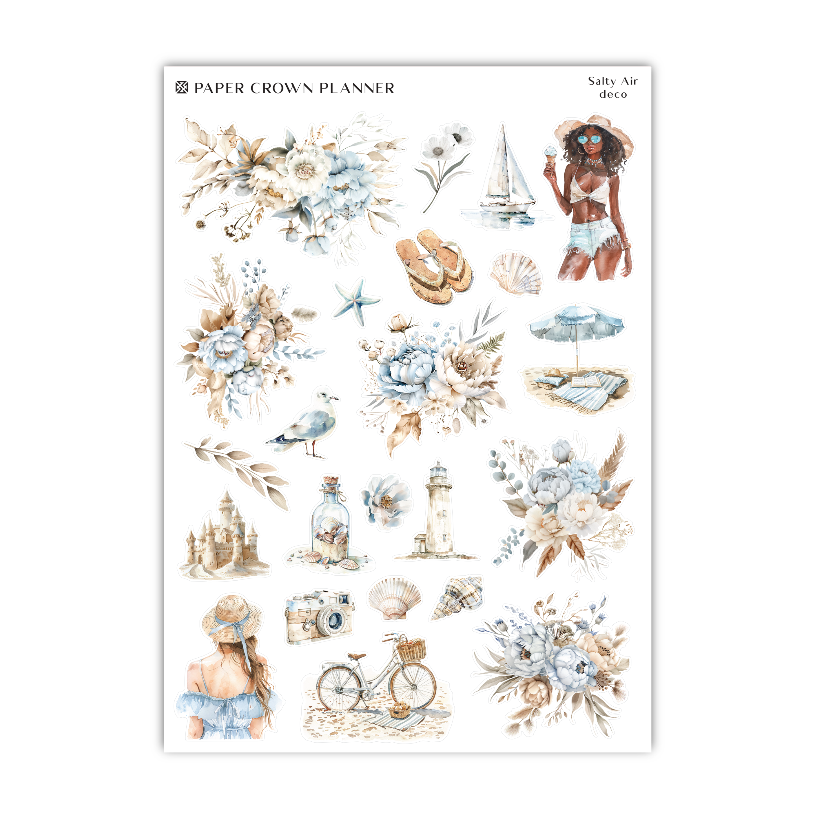 a sheet of stickers with watercolor illustrations