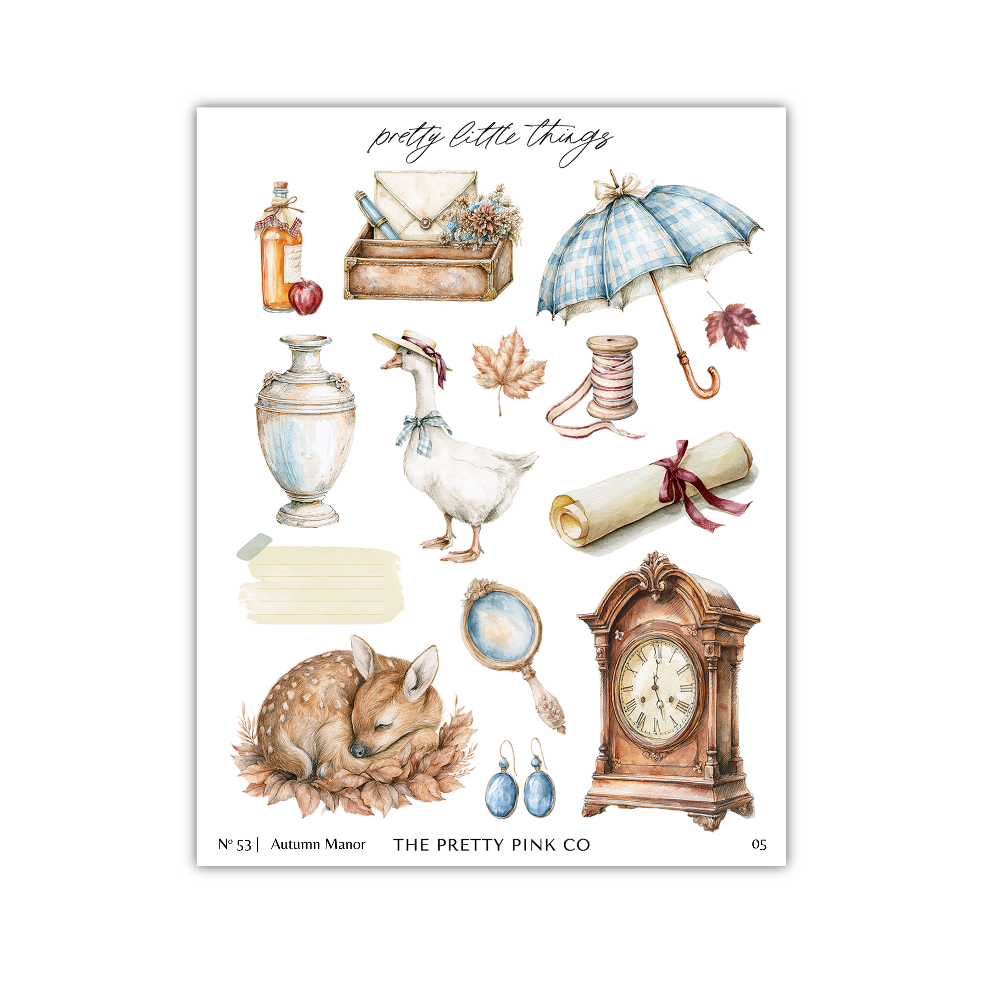 various objects, including a blue and white umbrella, a vase, a clock, a deer, and other decorative items, all arranged in a collage.