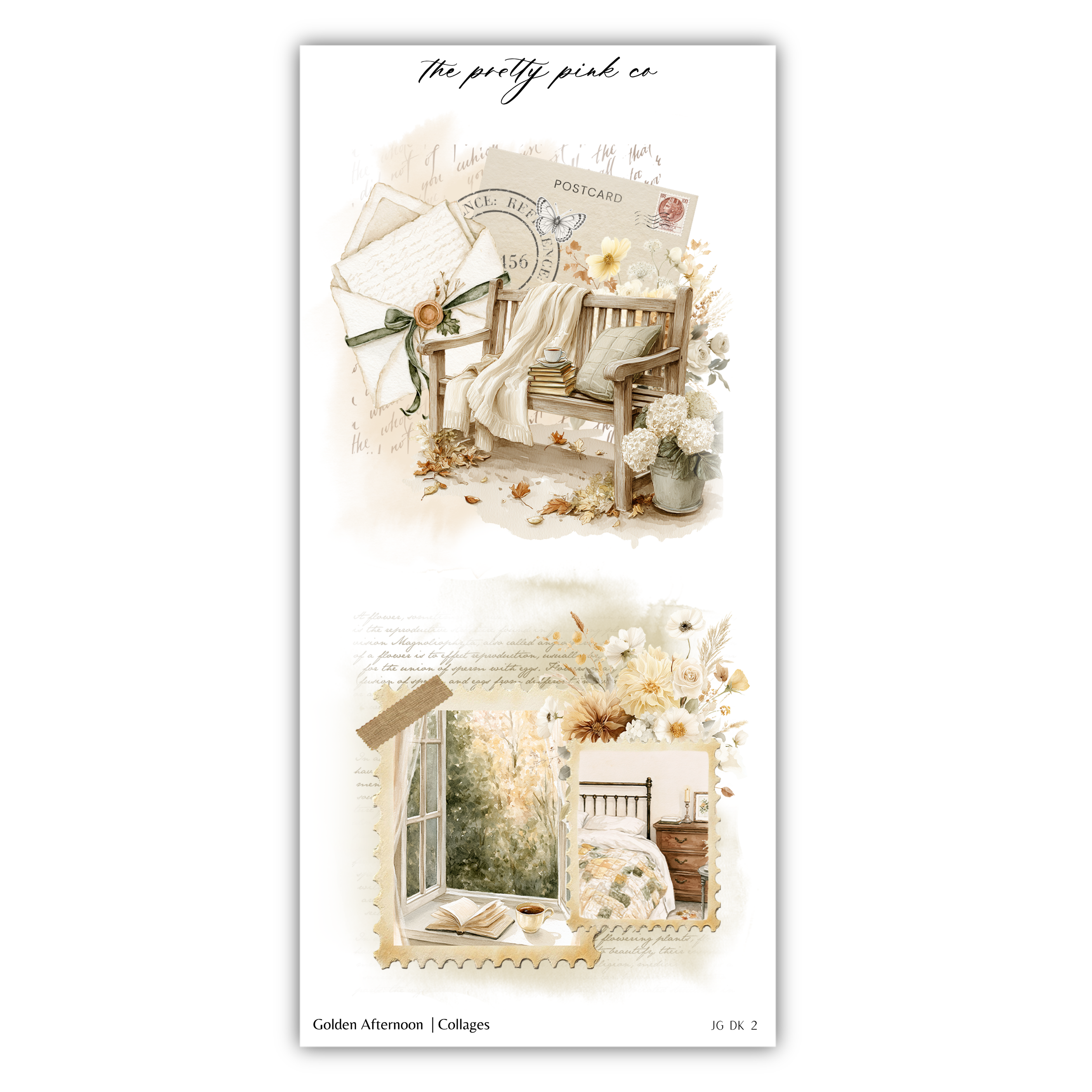The image is a collage of two pictures. The top picture depicts a wooden bench with a letter and a postcard, while the bottom picture shows a window with a view of a garden and a bed.