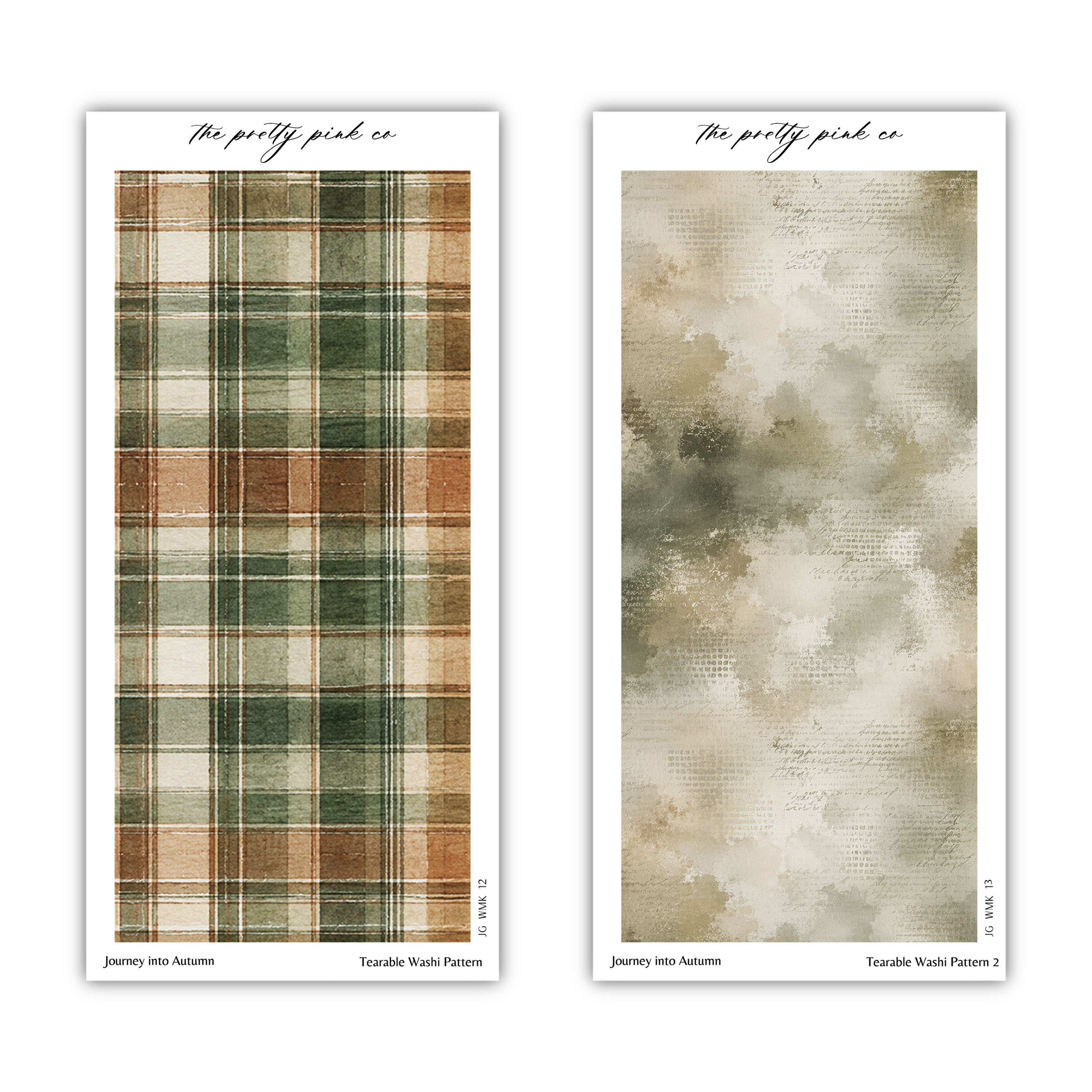 two different plaid patterns, one with a green and brown color scheme and the other with a beige and brown color scheme. The text above the images reads "The pretty pink co" and "Journey into Autumn" and "Tearable Wash Pattern 2".