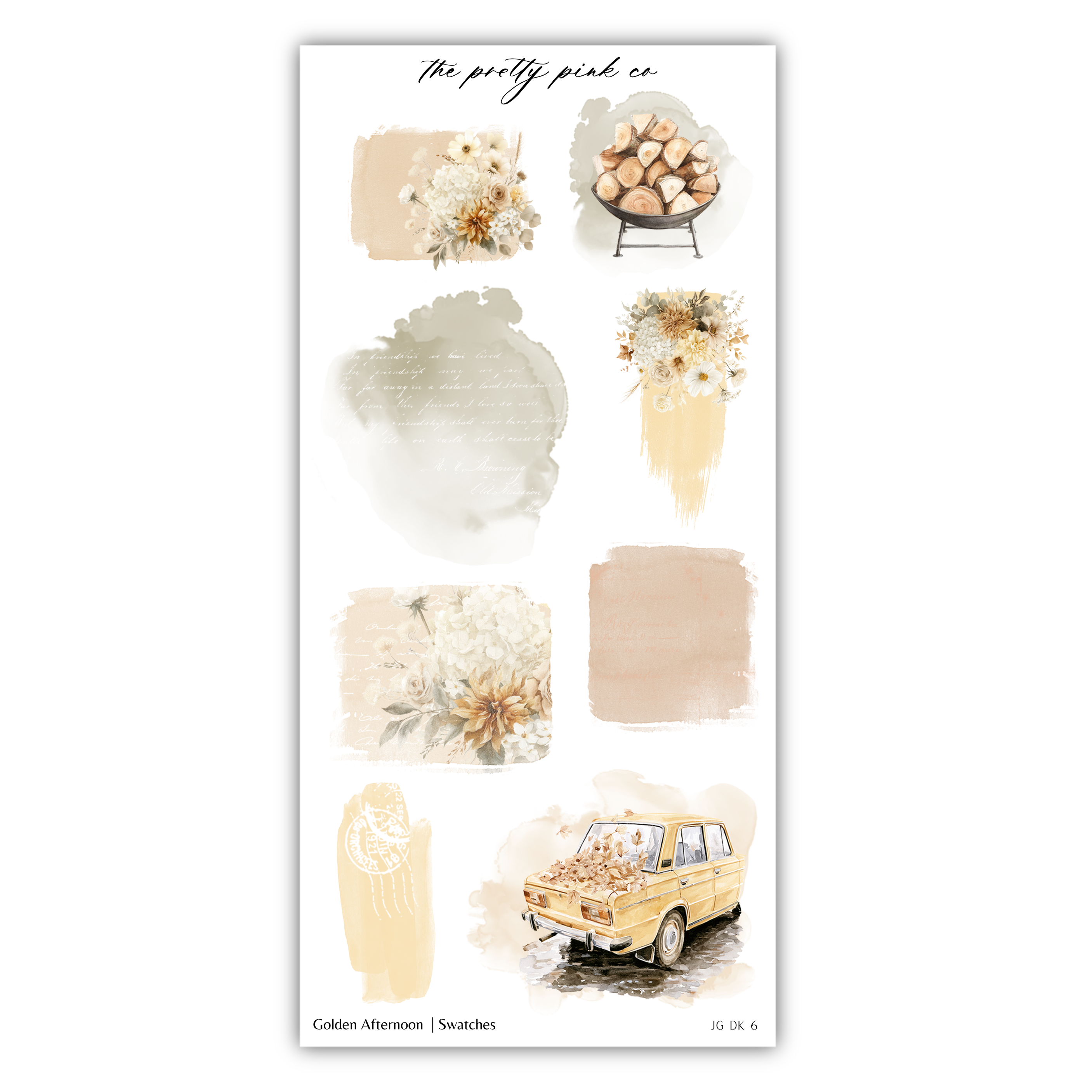 various artistic elements, including floral arrangements, a vintage van, and abstract shapes, all set against a neutral background.