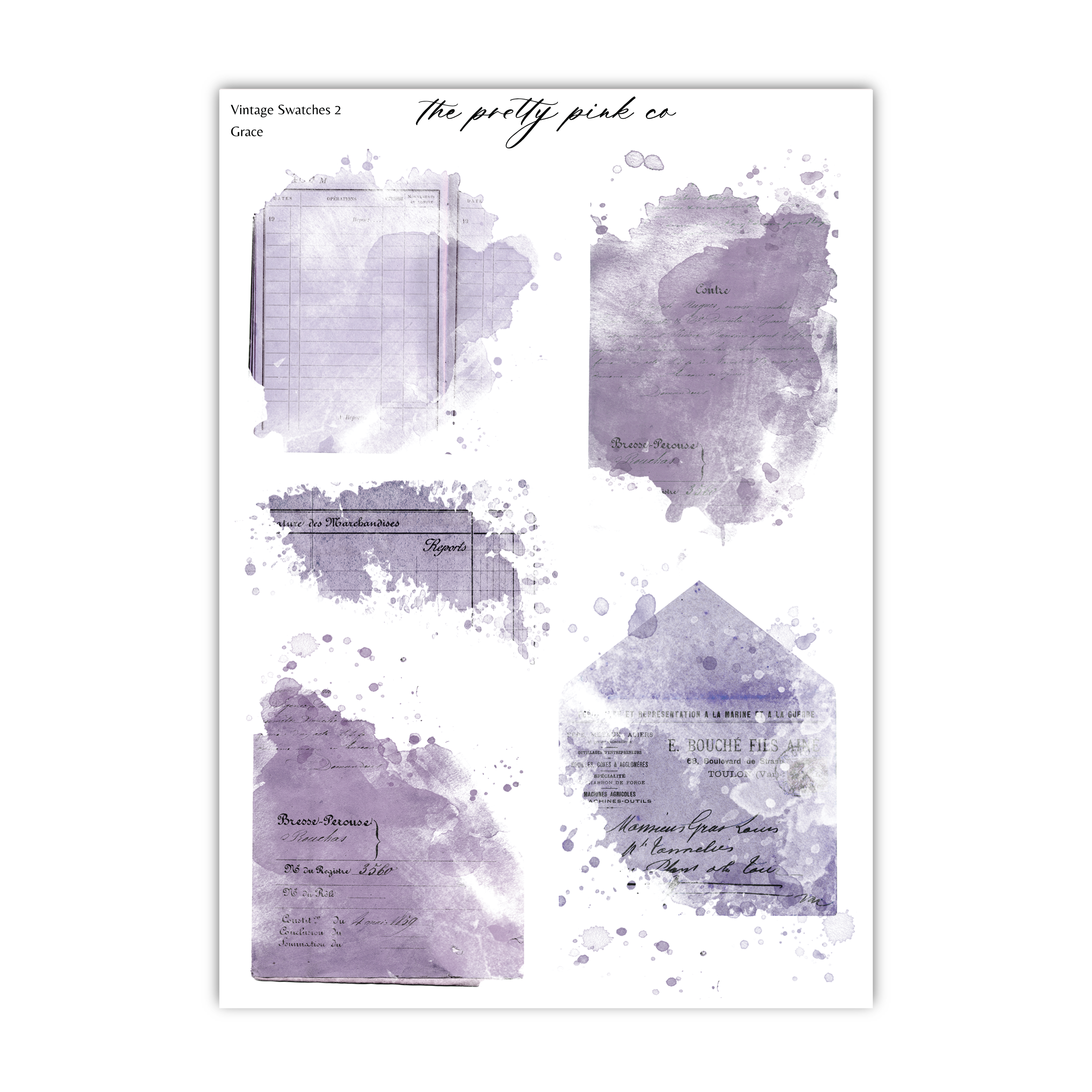 various watercolor splatters and splotches in shades of purple, creating a visually interesting and abstract composition.