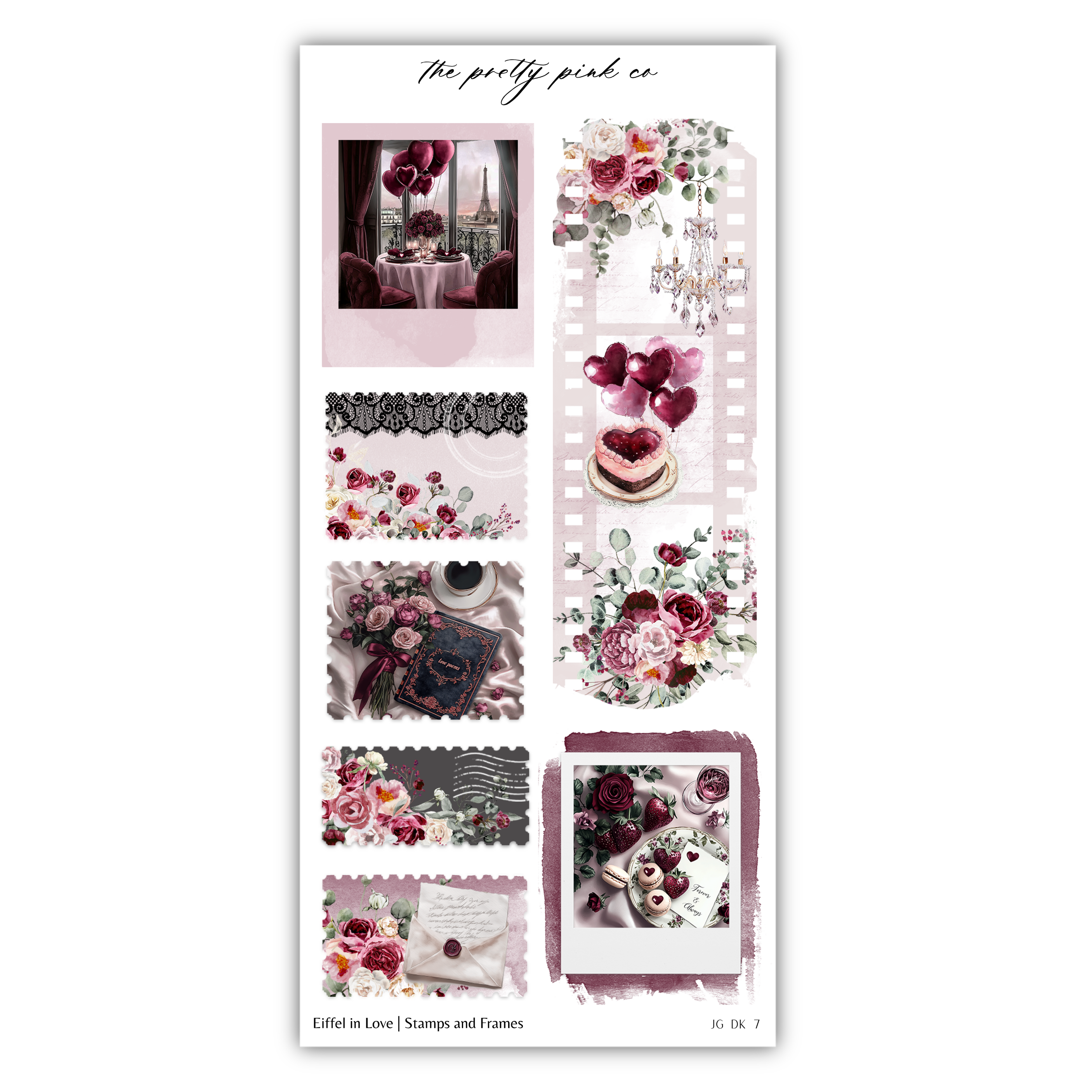 a sticker sheet with flowers and a cake