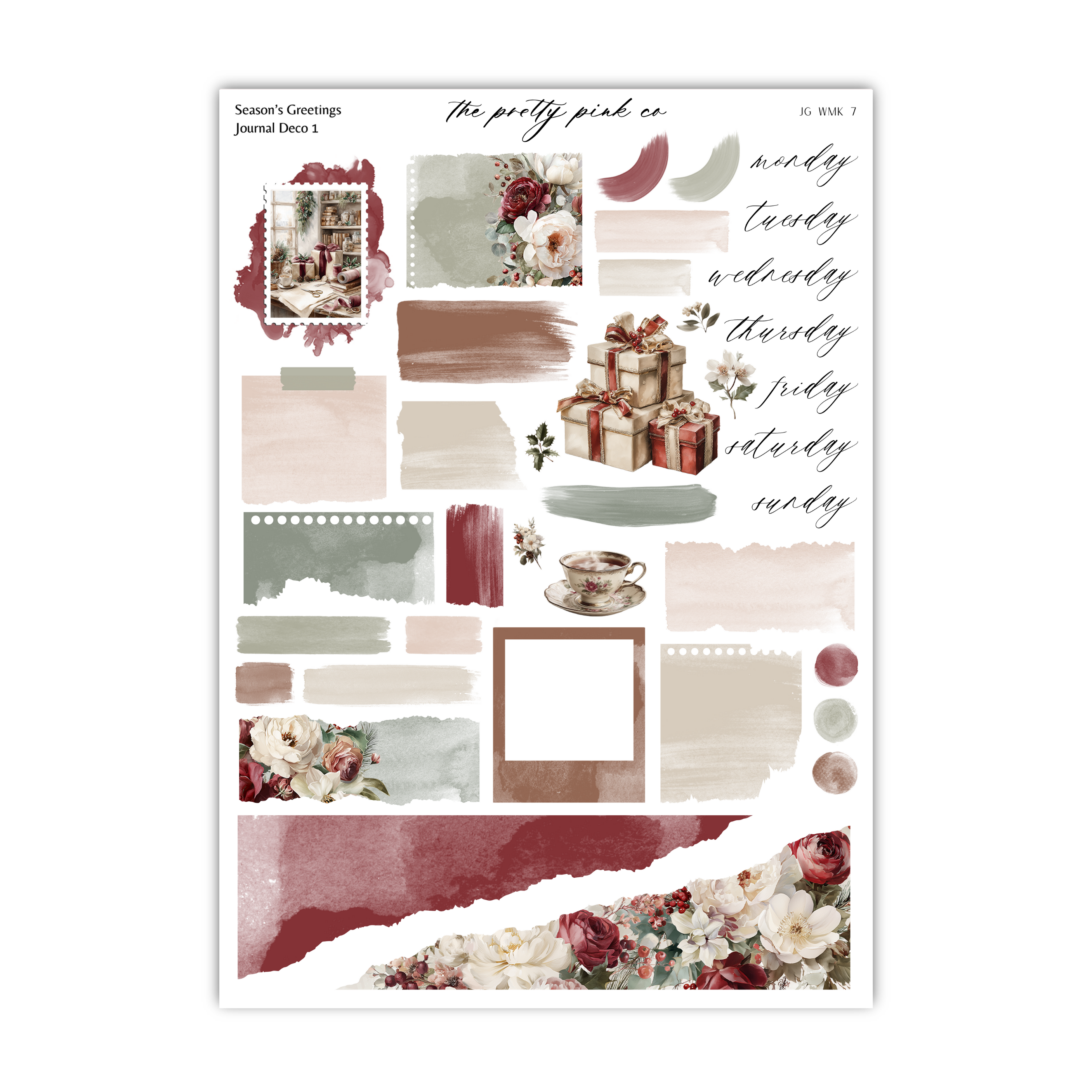 The image is a collage of various decorative elements, including floral patterns, gift boxes, and text, arranged in a visually appealing manner.