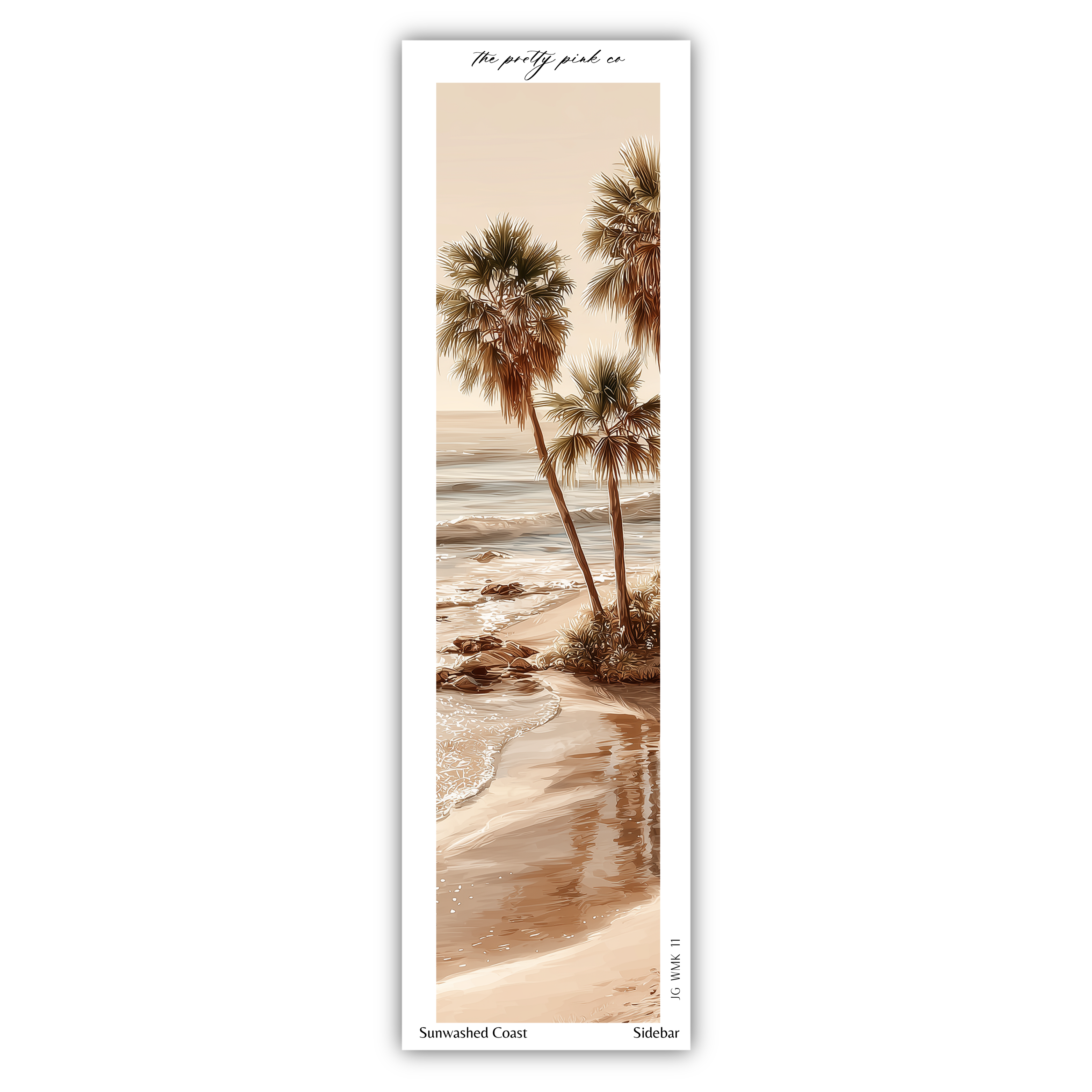 a serene beach scene with palm trees lining the shoreline, and the ocean visible in the background.