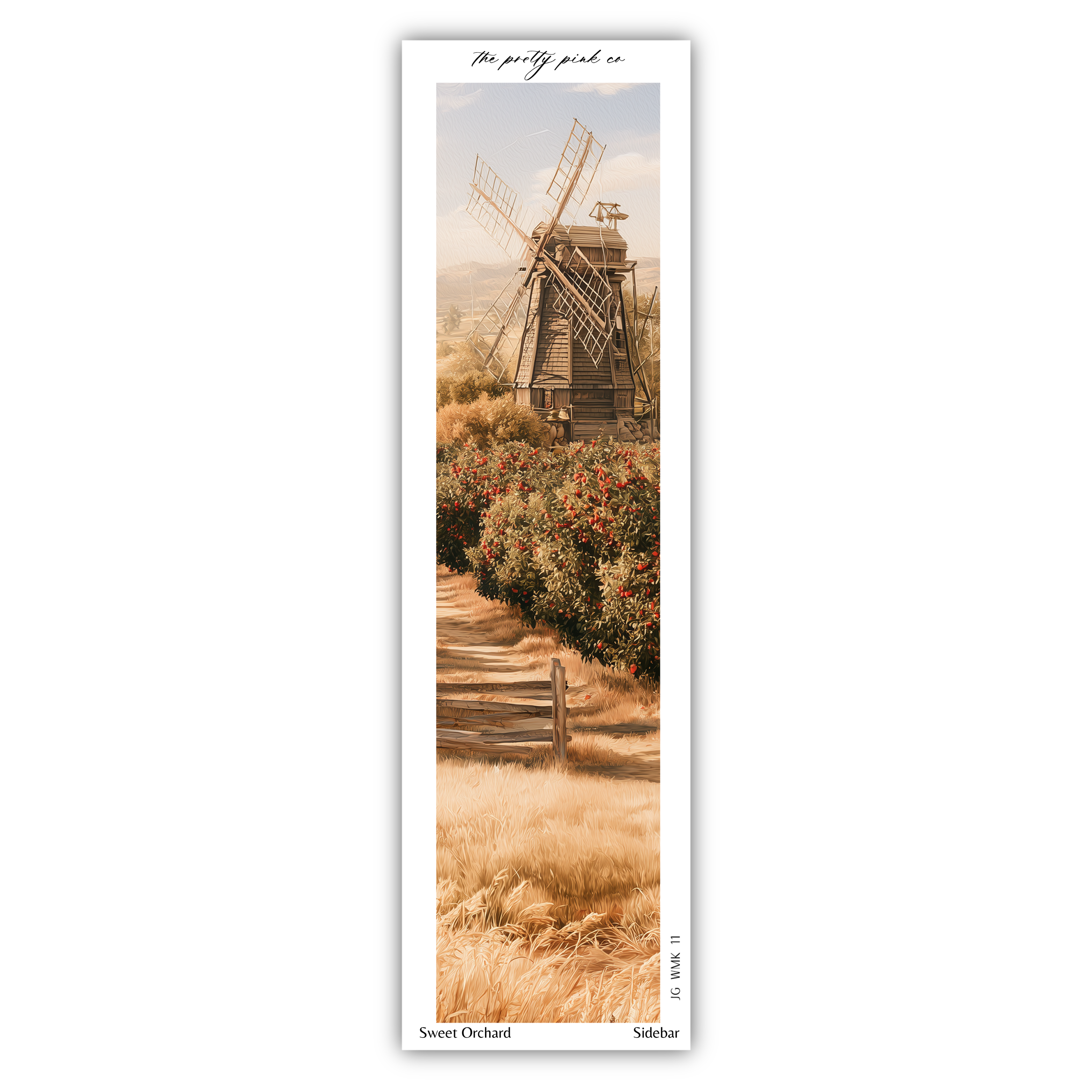 A wooden windmill stands in a field of red flowers, with a dirt path leading up to it.