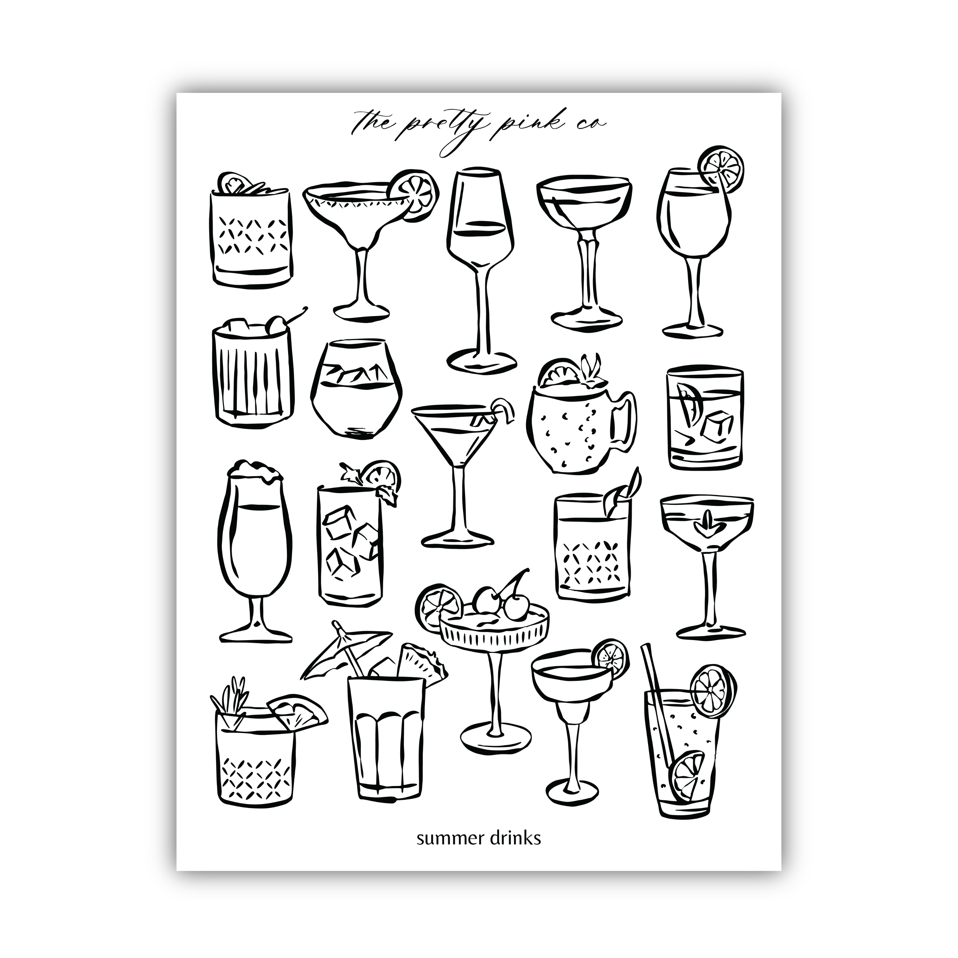 a collection of stylized illustrations of various alcoholic beverages, including cocktails, wine glasses, and other drinkware, all depicted in a simple, black and white line drawing style.