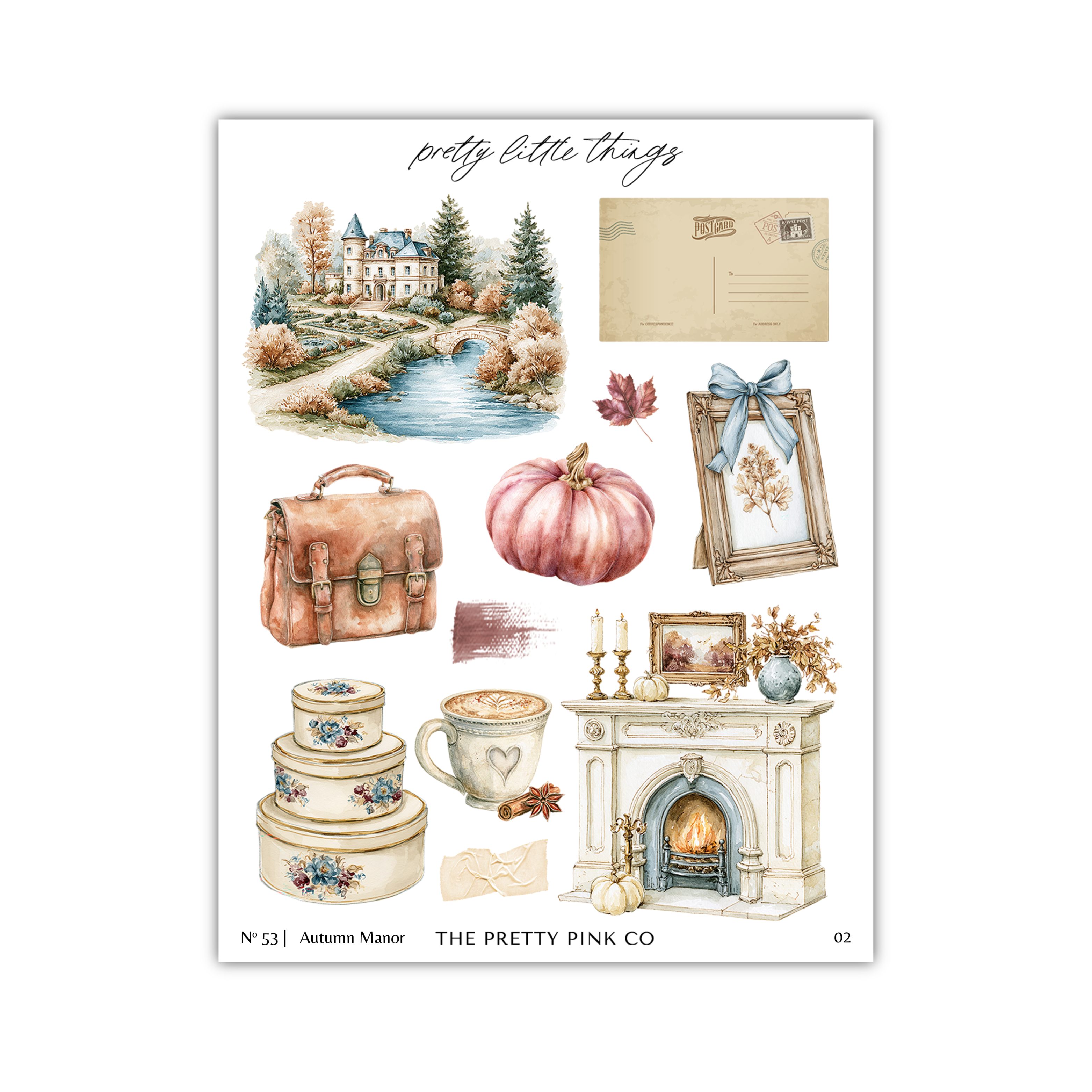 The image is a collage of various autumn-themed items, including a castle, a pumpkin, a fireplace, a purse, a cup, and a postcard.