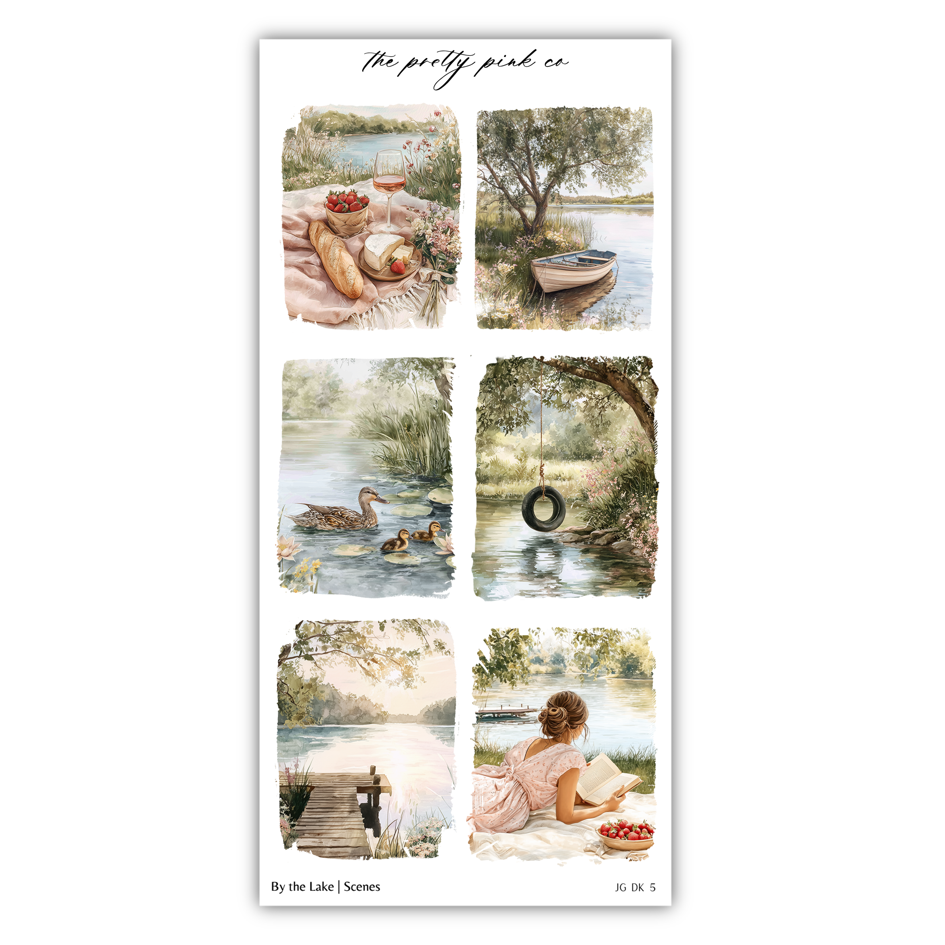 The image is a collage of six pictures depicting various scenes related to lakes and nature, including a picnic, a boat, ducks, a swing, and a woman enjoying the outdoors.