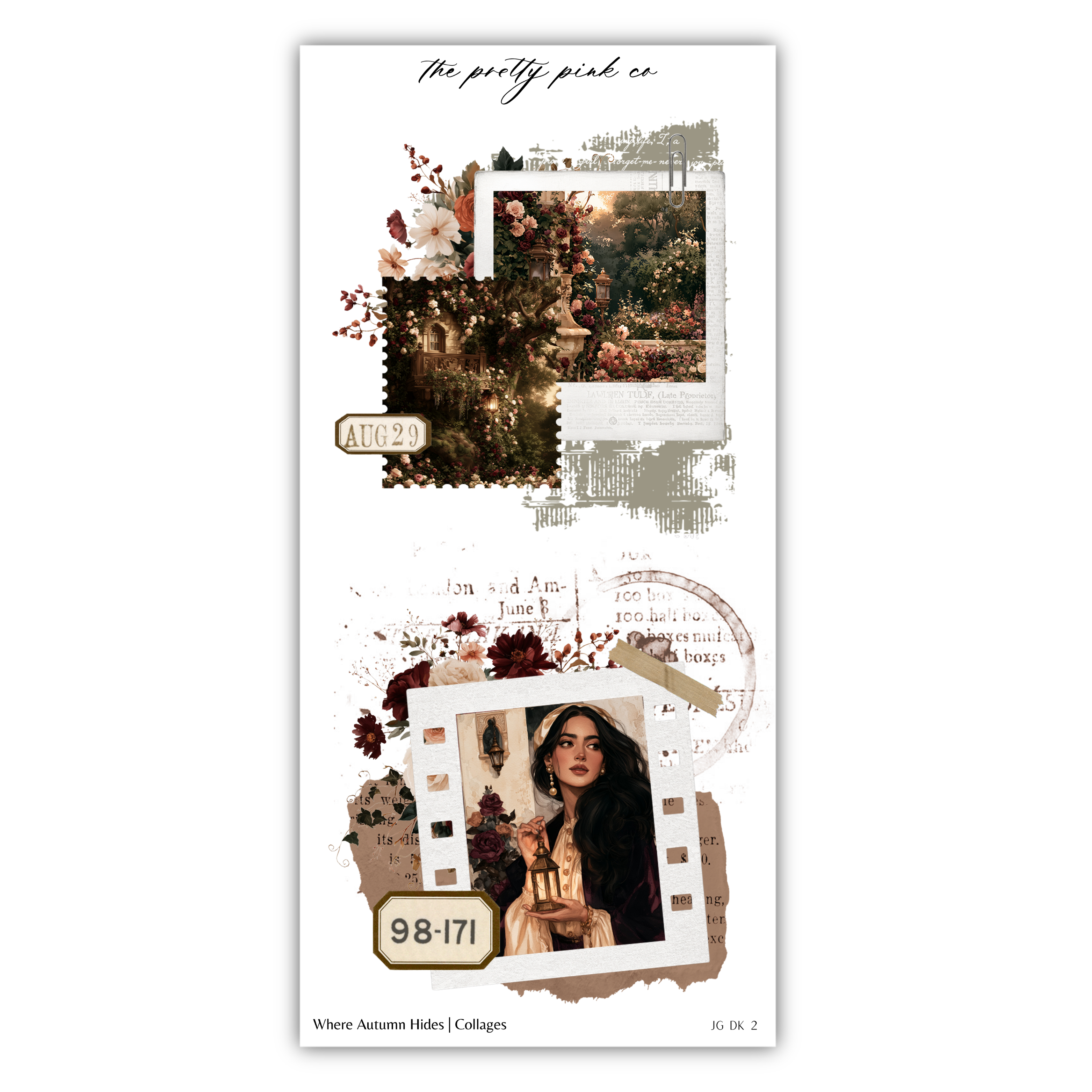 The image is a collage featuring a woman in a frame, surrounded by various elements such as flowers, leaves, and other natural elements. The collage includes a photograph of a garden, a stamp, and a label with the number '98-171'. The collage is titled "Where Autumn Hides / Collages" and is described as a "poster" with a "poster" and "poster" in the image.