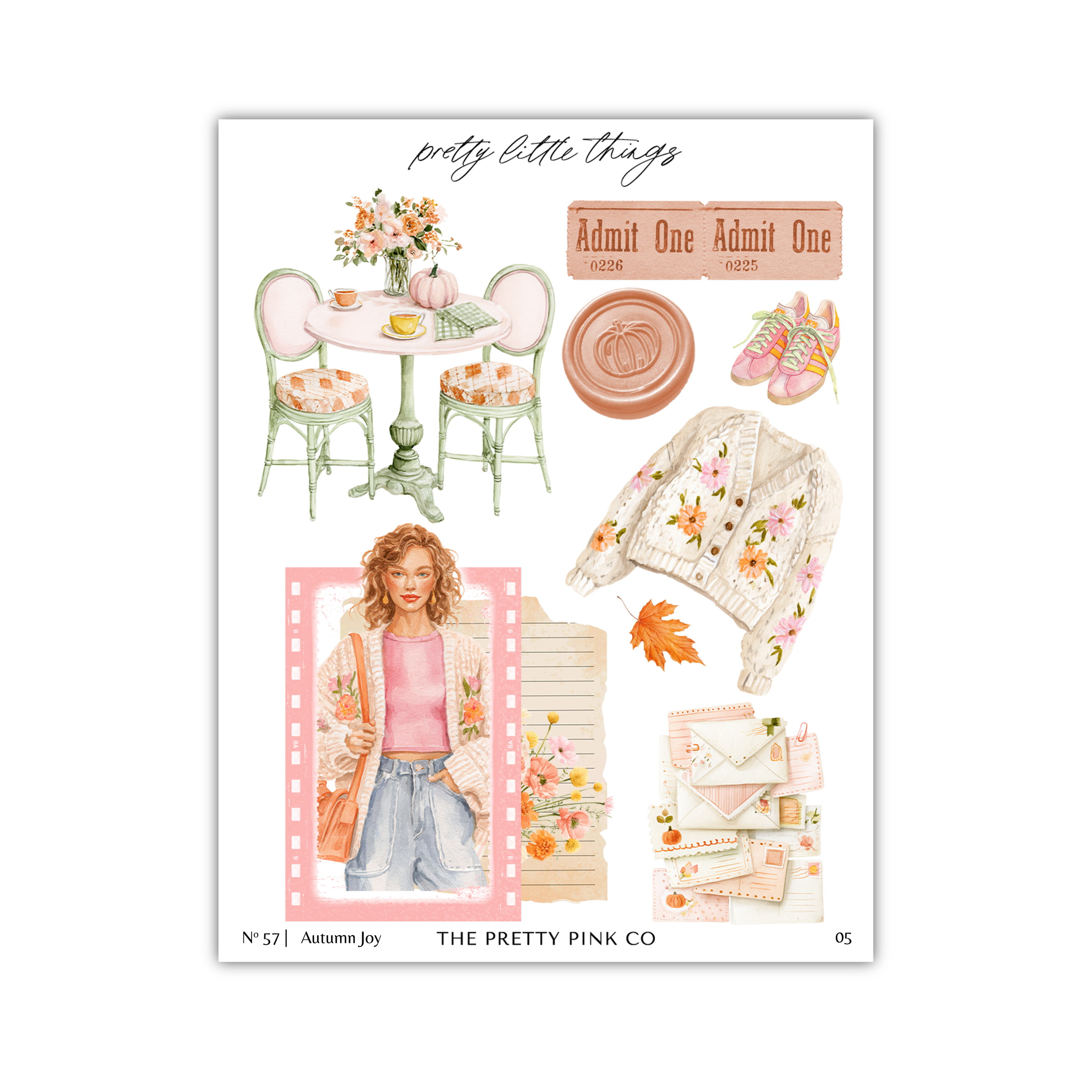 The image is a collage of various autumn-themed items, including a woman in a pink sweater, a vase of flowers, a pair of shoes, a sweater with floral patterns, and a pair of jeans.