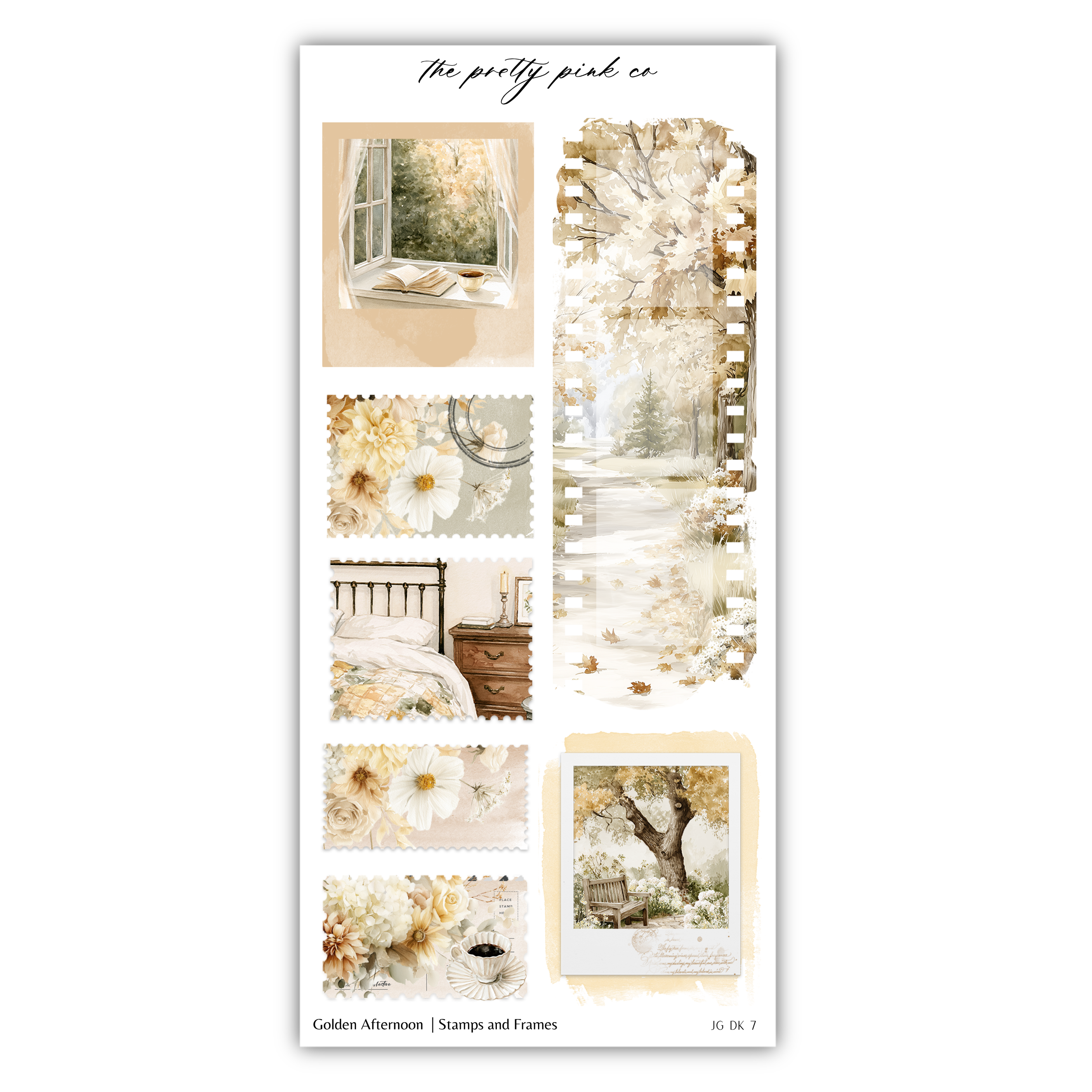 The image is a collage of various scenes and objects, including a window, flowers, a bed, a tree, and other natural elements. The collage is titled "The pretty pink co" and includes stamps and frames.